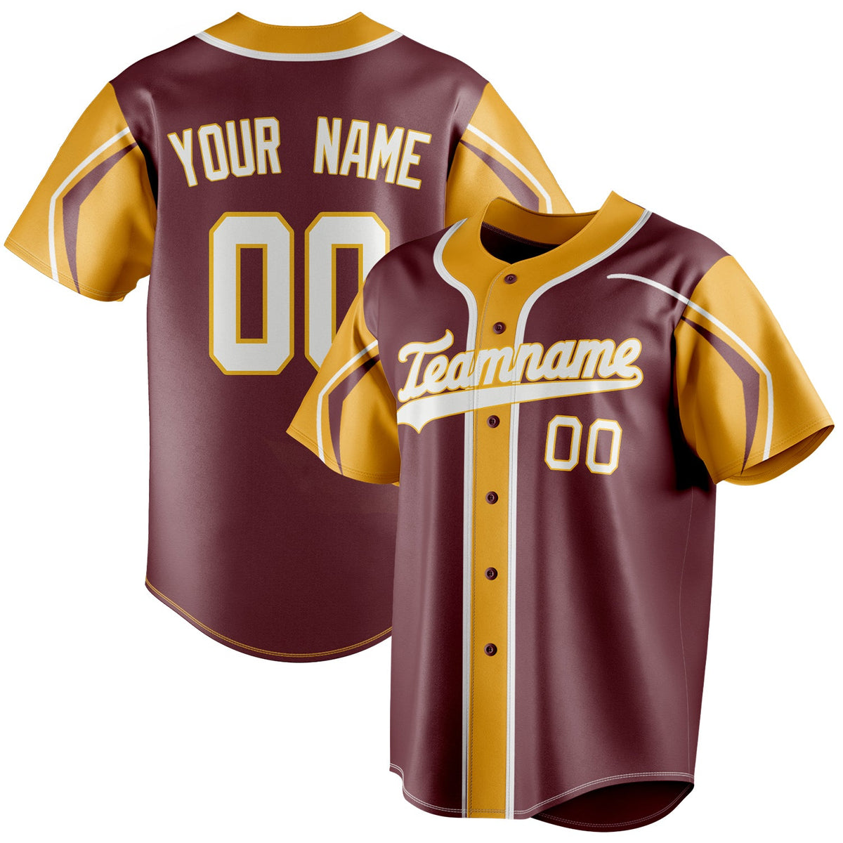 Custom Burgundy & Gold 3 Colors Arm Shapes Fan Baseball Jersey BB01240528CK104