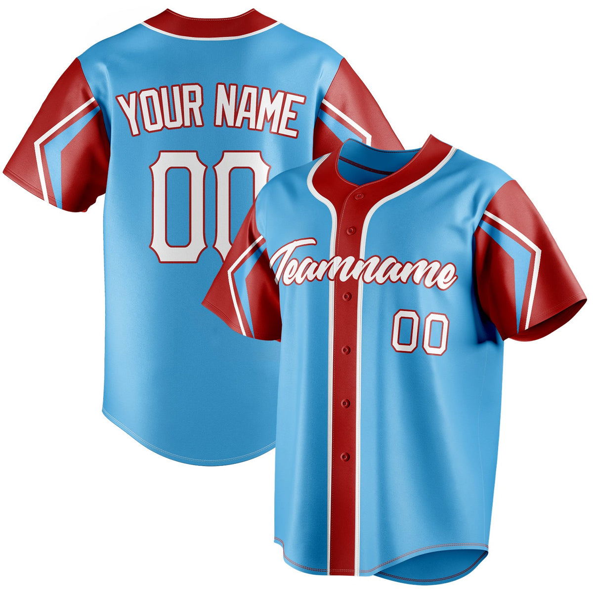 Custom Sky Blue & Red 3 Colors Arm Shapes Fan Baseball Jersey BB01240530WX308