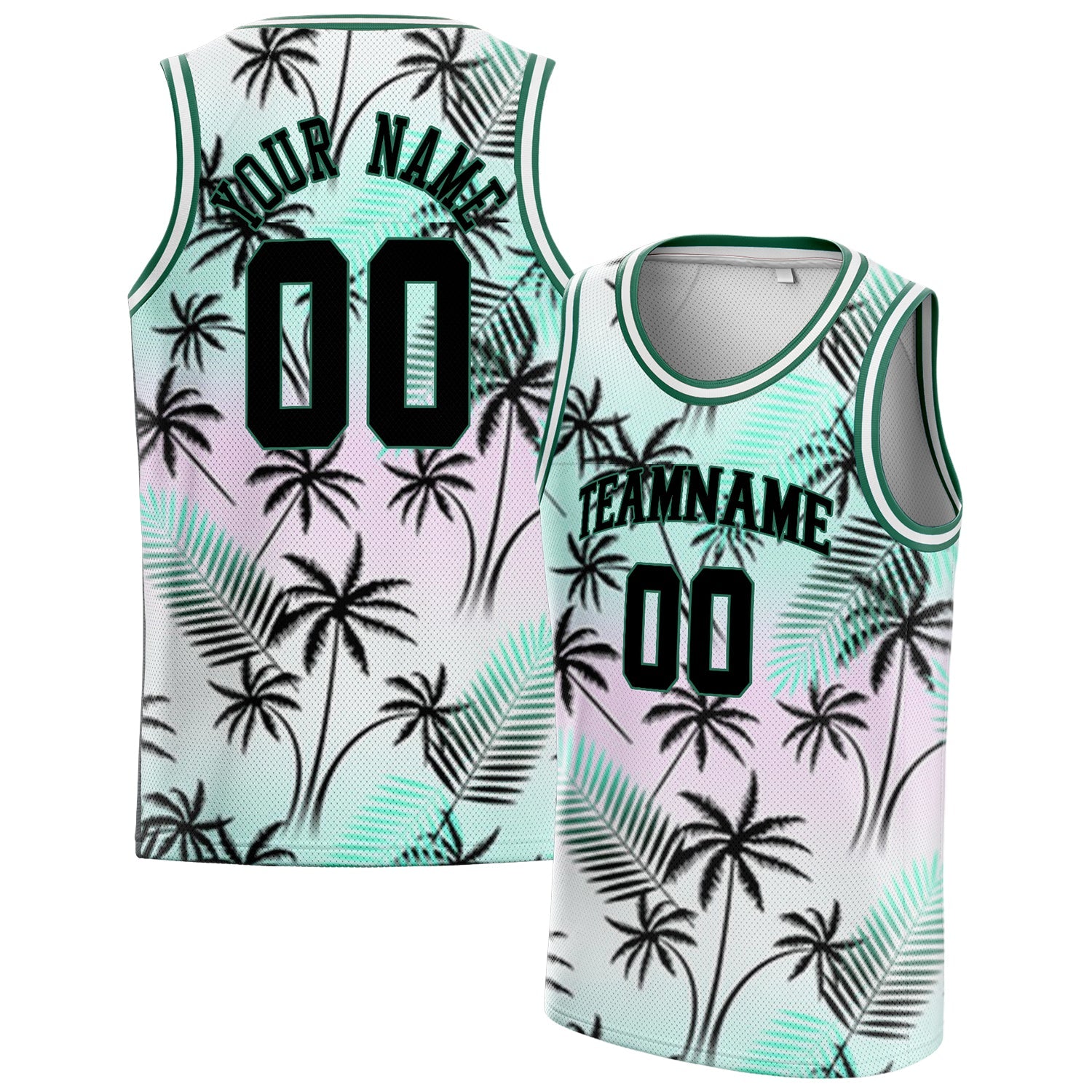Custom Black Kelly-Green Tropical-Hawaii-Palm-Leaves Basketball Jersey