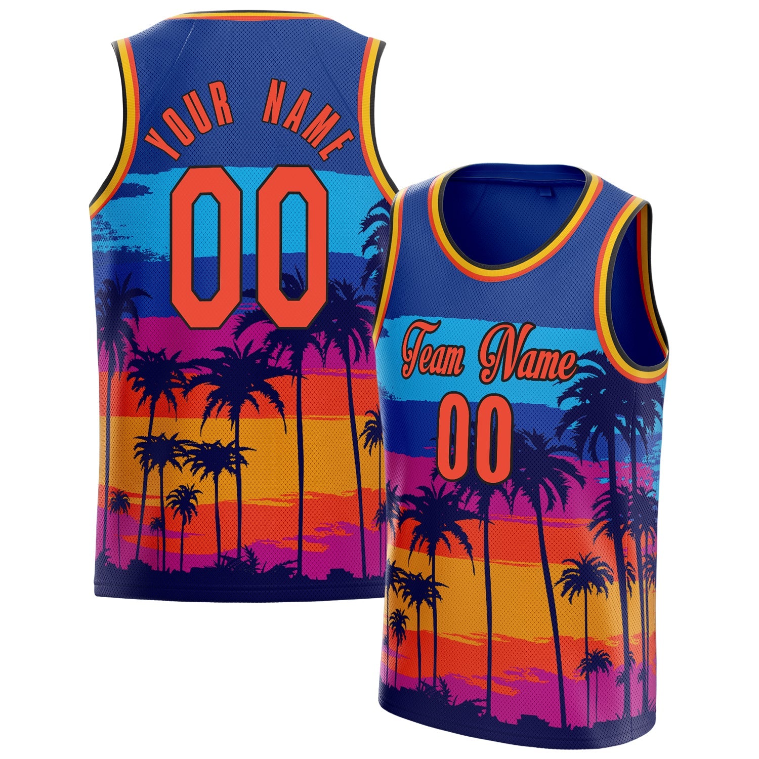 Custom Royal Orange Tropical-Hawaii-Palm-Leaves Basketball Jersey