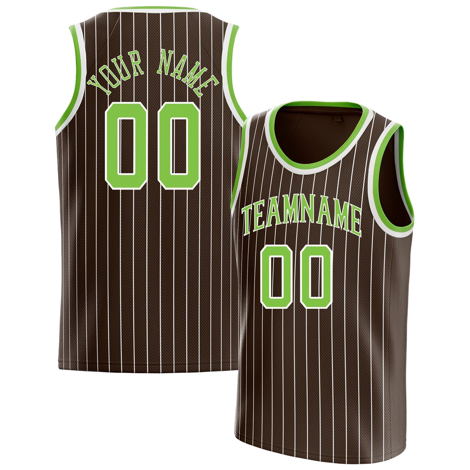 Custom Brown Neon-Green White-Pinstripe Basketball Jersey