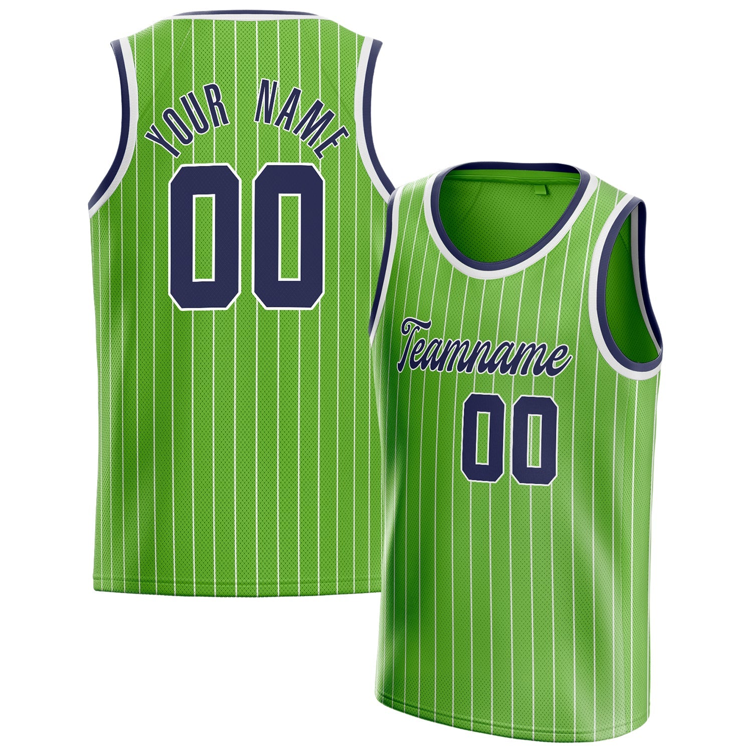 Custom Neon-Green Navy White-Pinstripe Basketball Jersey