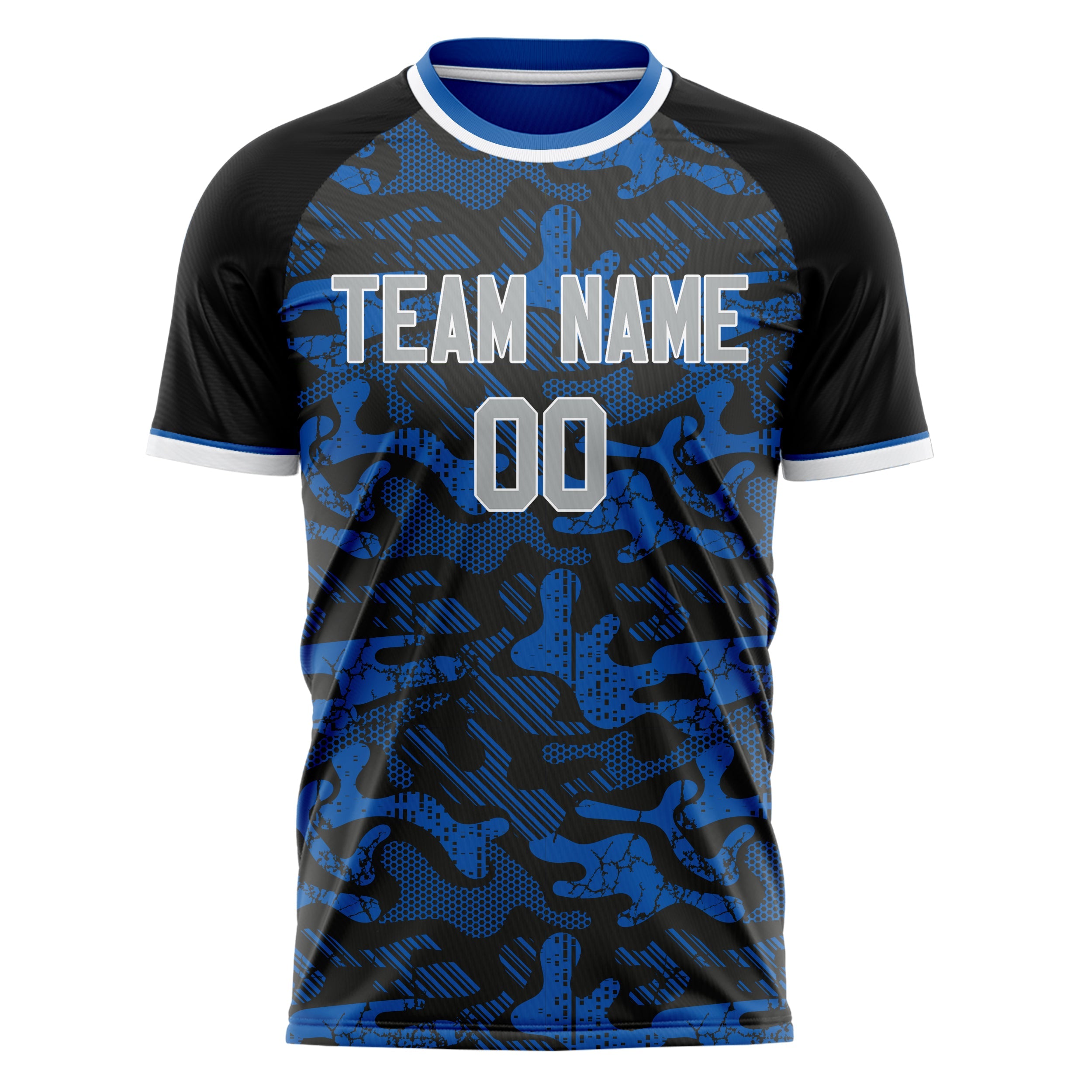 Custom Blue Black Pattern Soccer Jersey