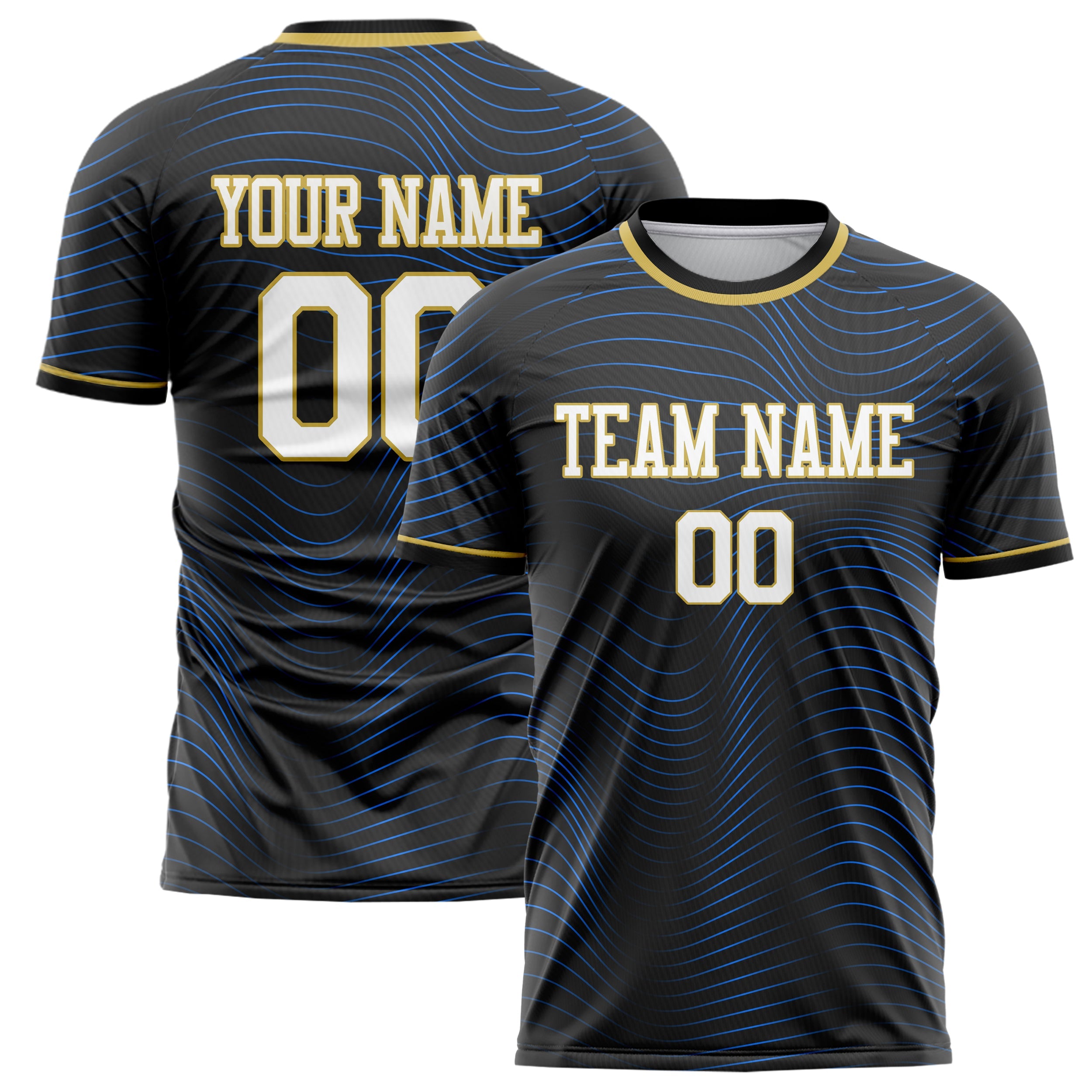 Custom Black Blue Pattern Soccer Jersey