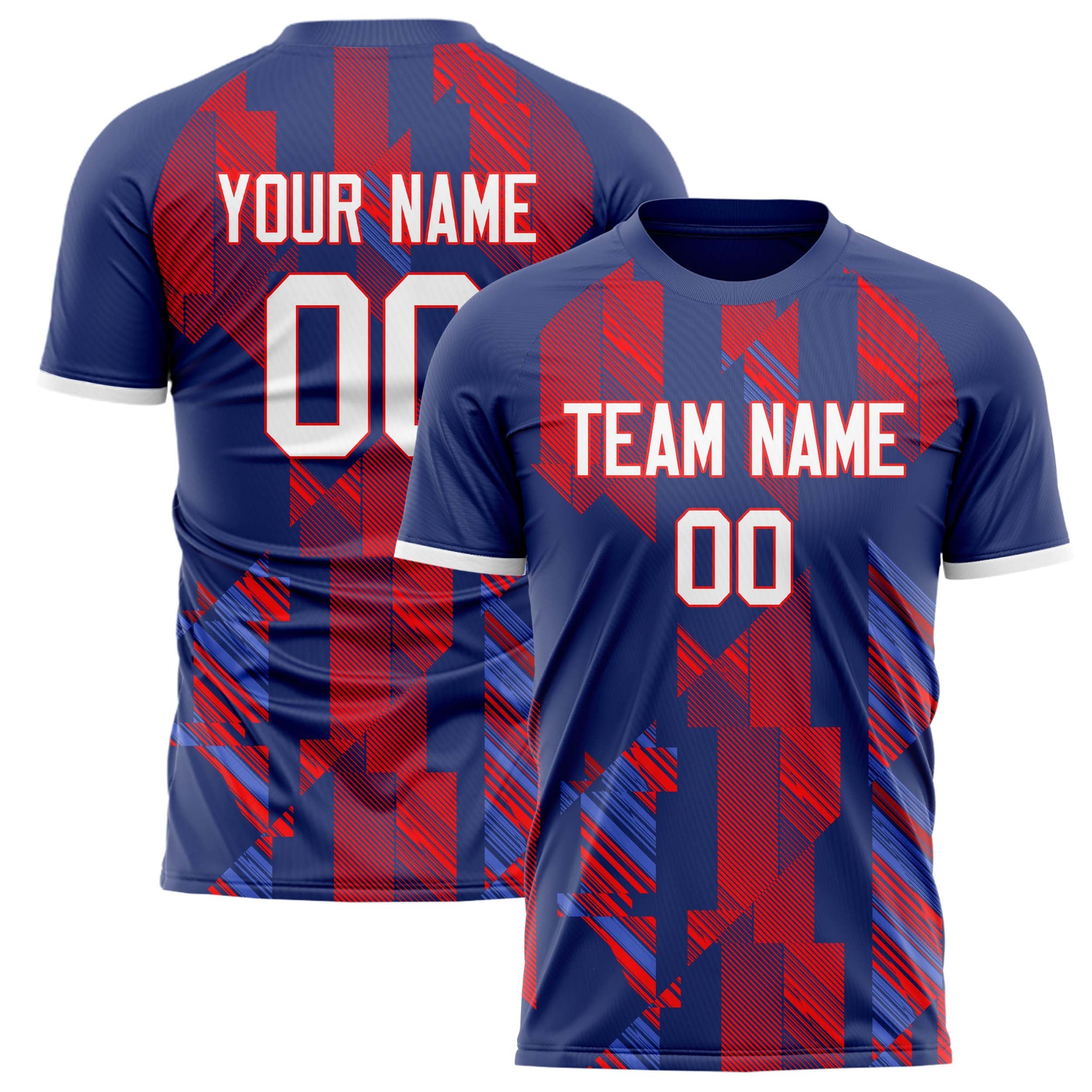 Custom Navy Red Pattern Soccer Jersey