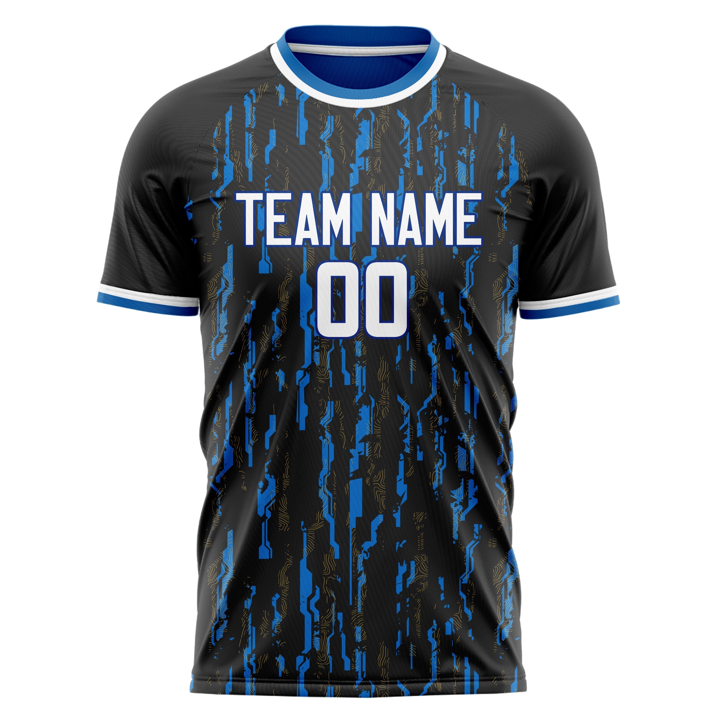 Custom Black Blue Pattern Soccer Jersey