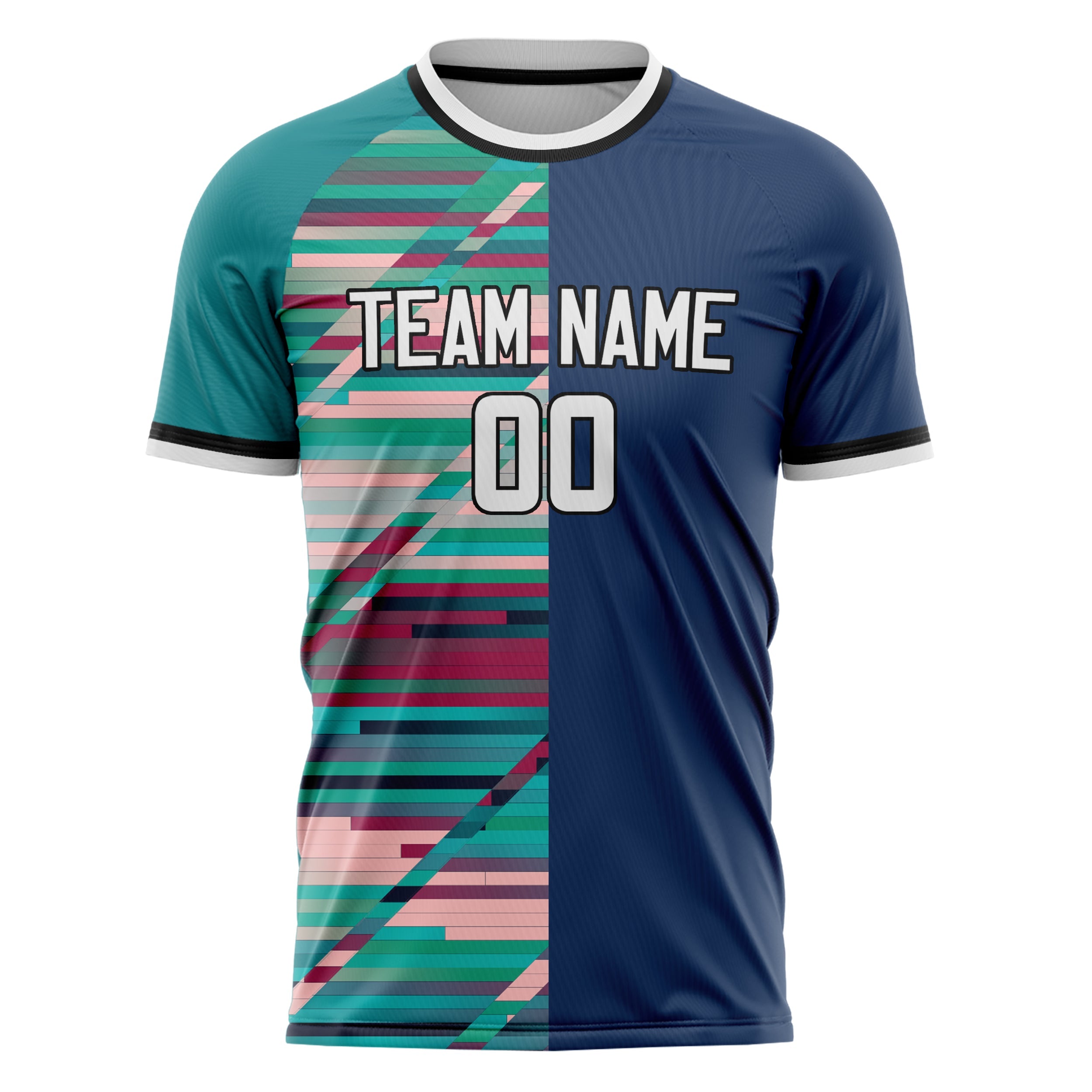 Custom Navy Teal Pattern Soccer Jersey
