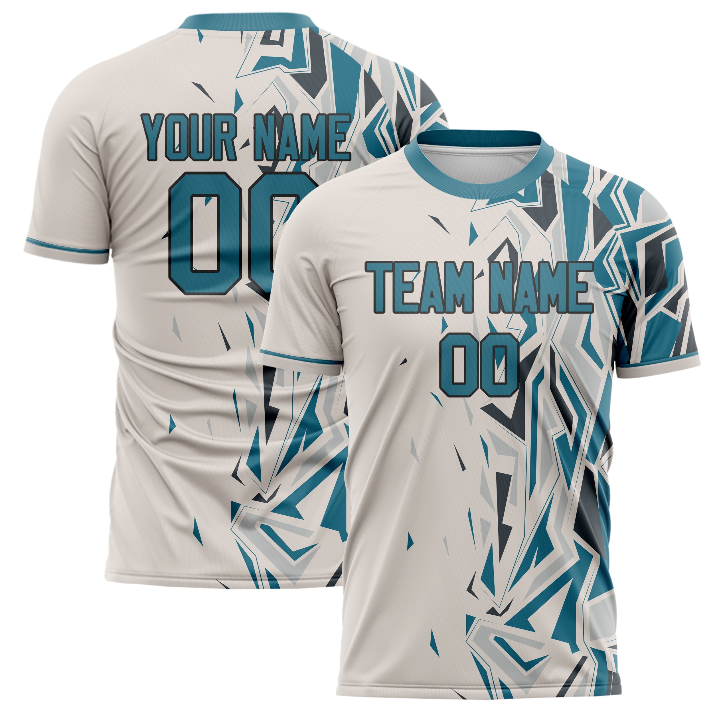 Custom Cream Teal Pattern Soccer Jersey