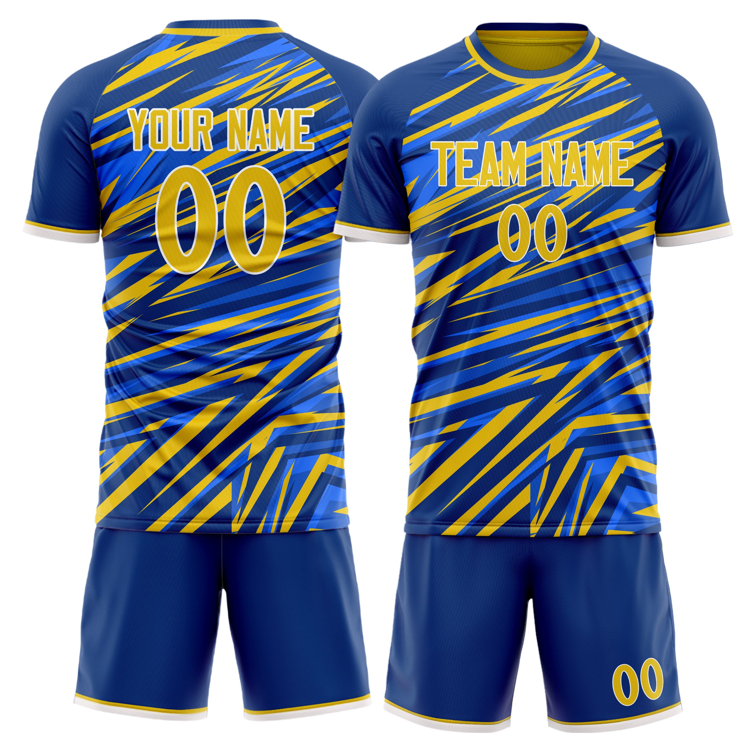 Custom Blue Gold GeometricalPattern Soccer Jersey