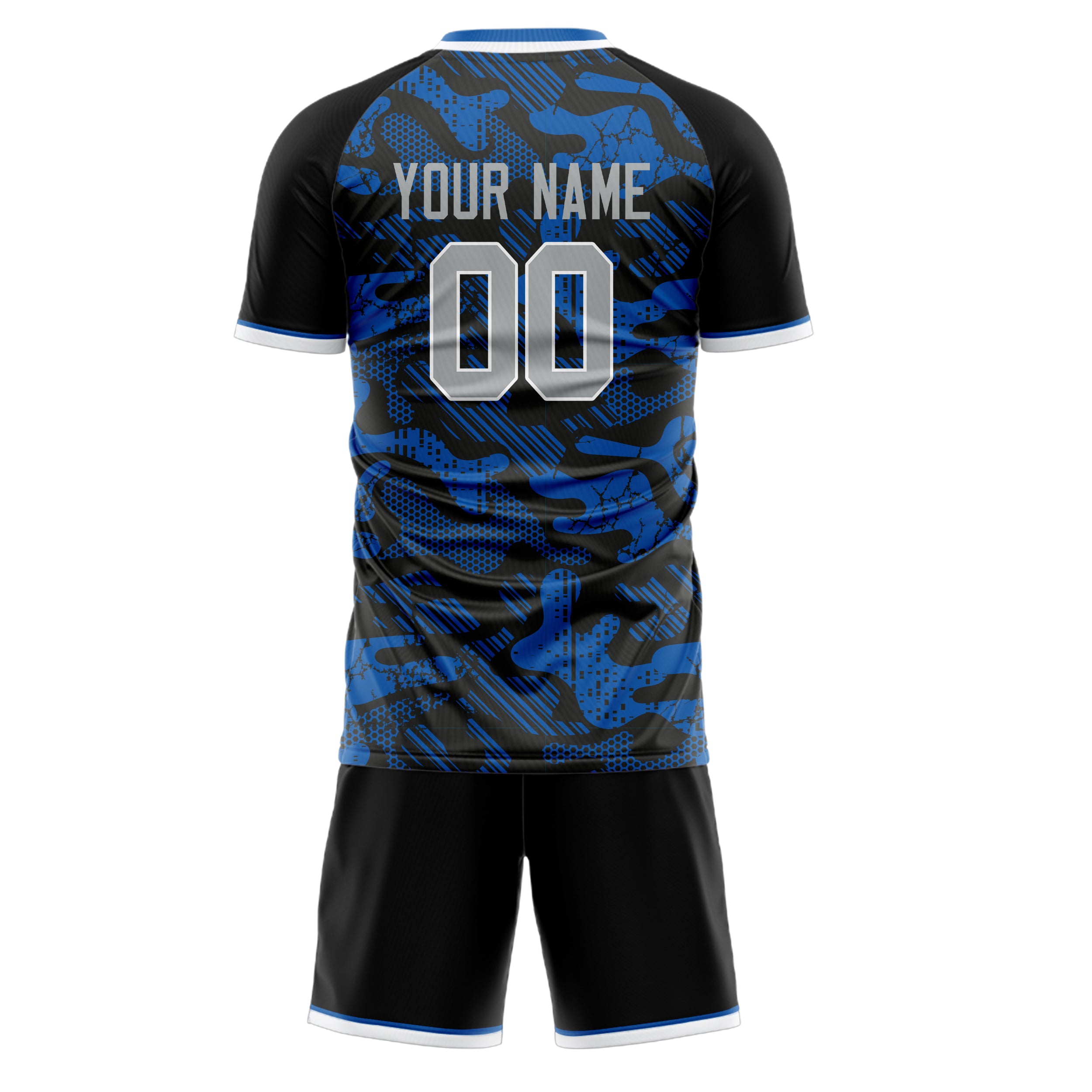 Custom Blue Black GeometricalPattern Soccer Jersey