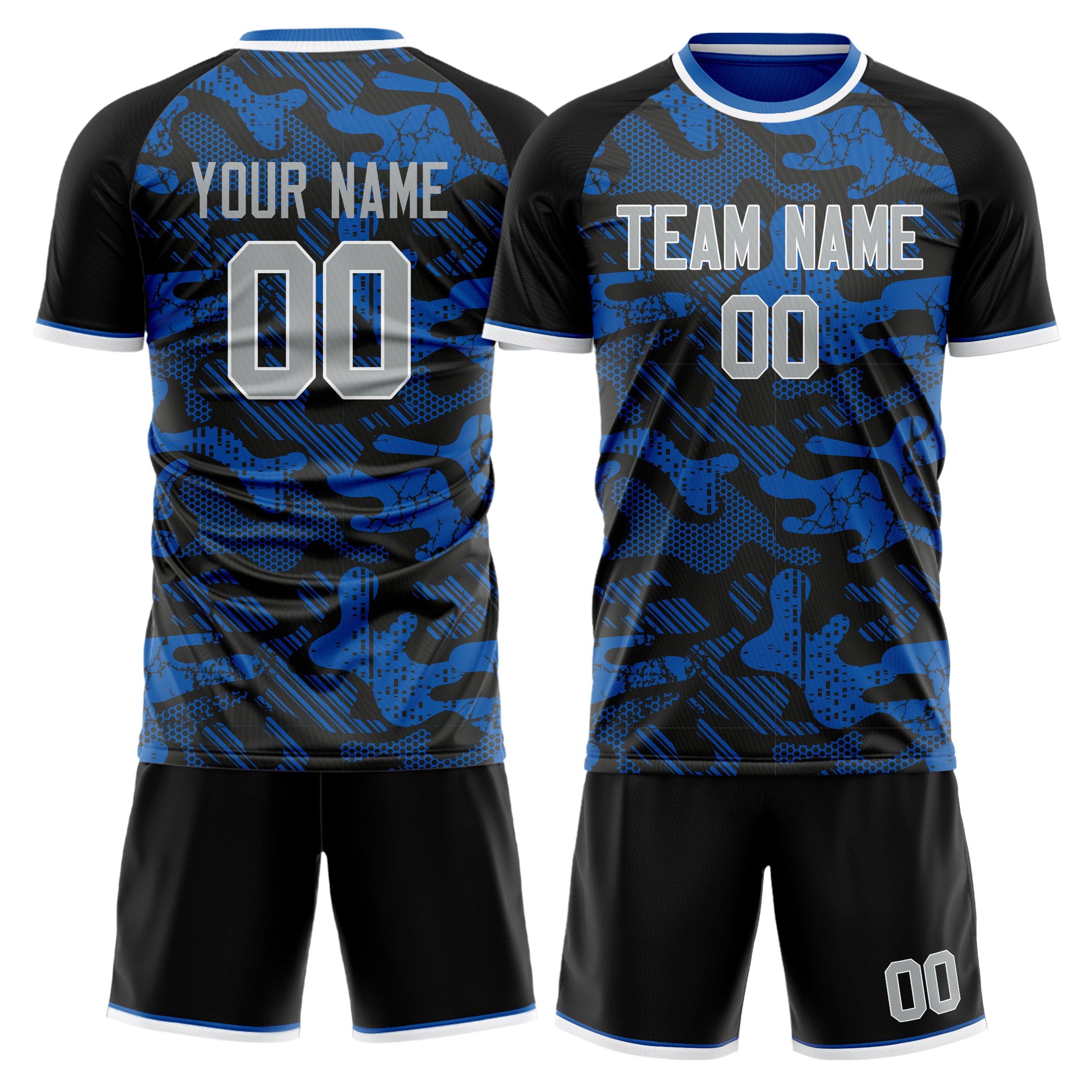 Custom Blue Black GeometricalPattern Soccer Jersey