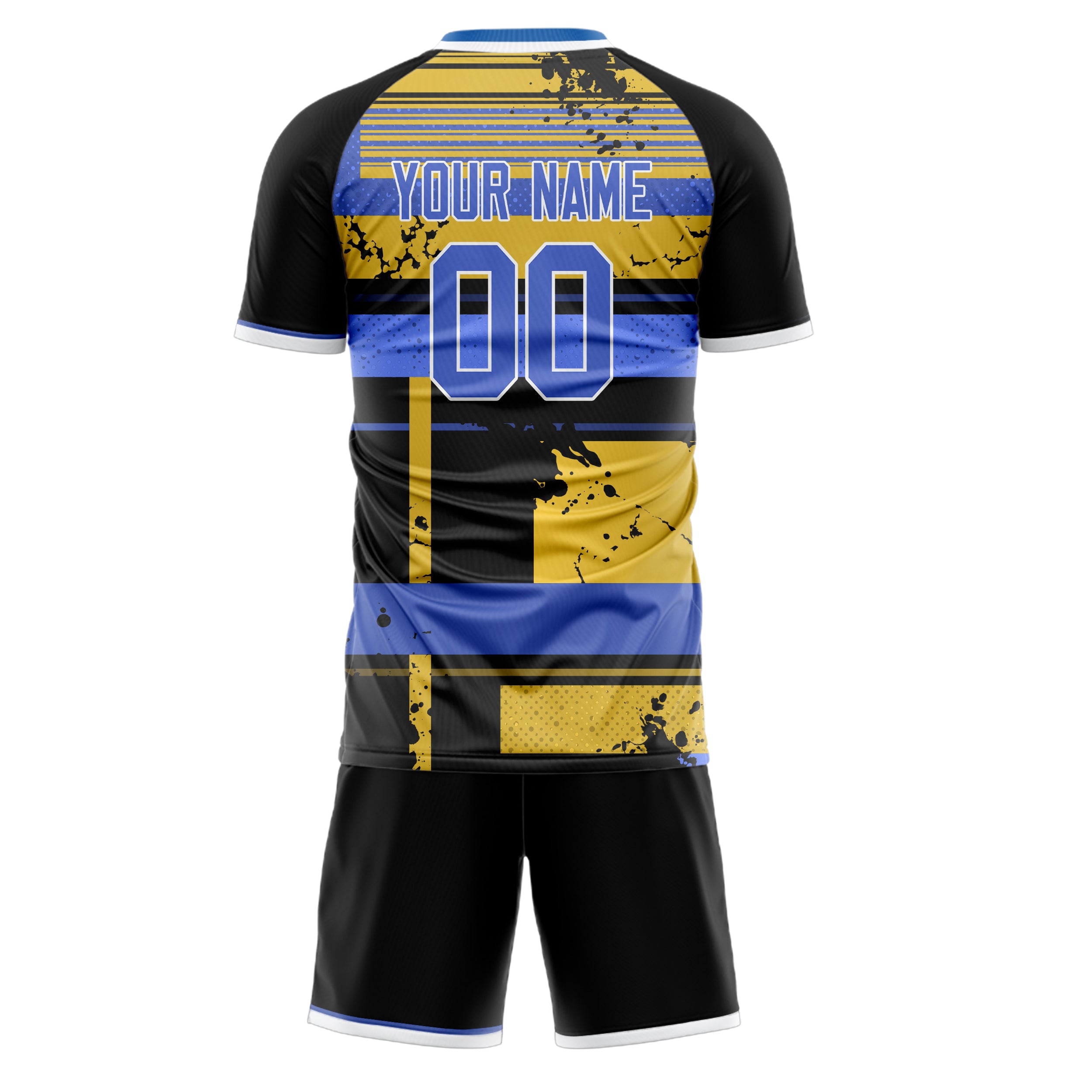 Custom Black Blue GeometricalPattern Soccer Jersey