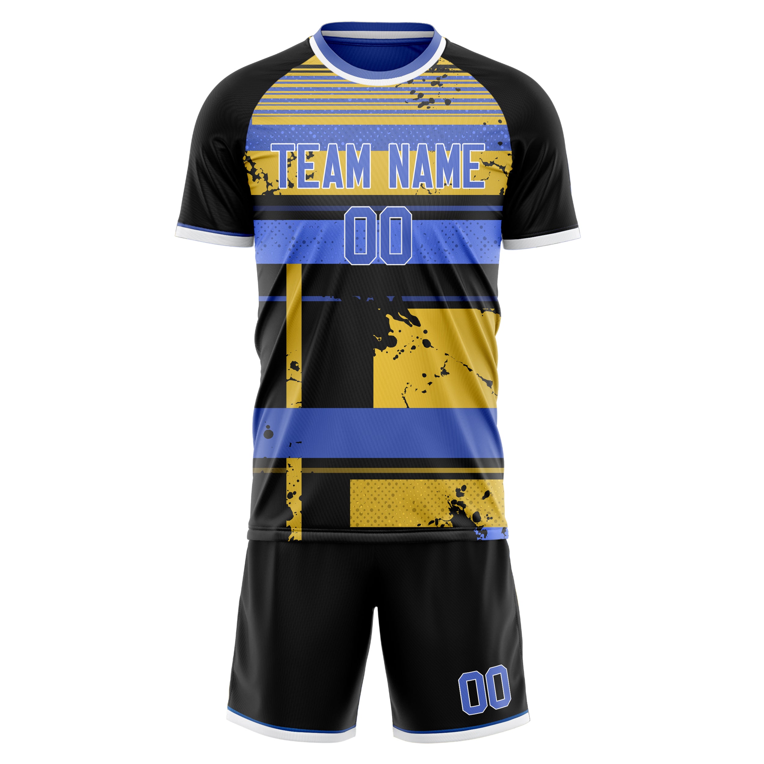 Custom Black Blue GeometricalPattern Soccer Jersey