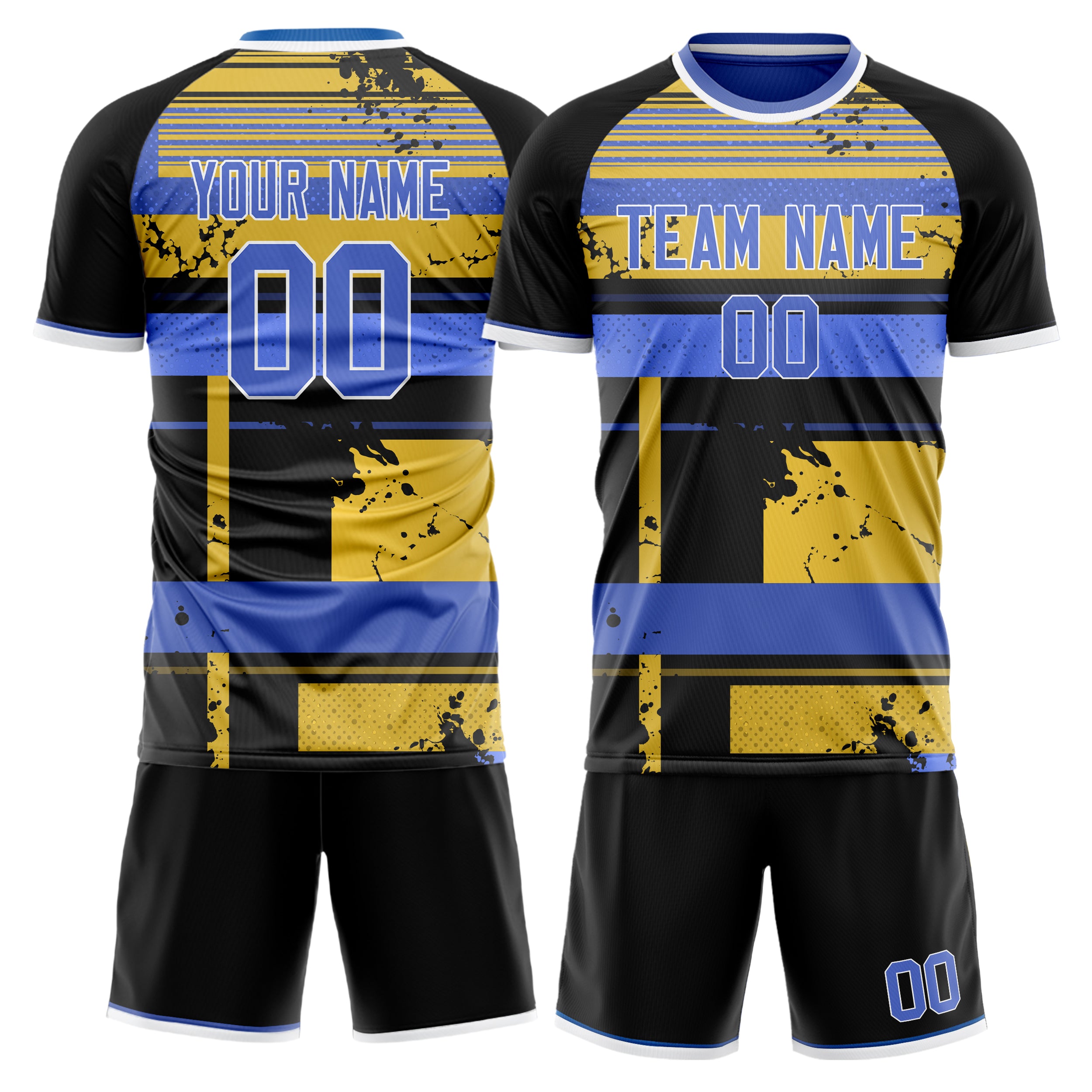 Custom Black Blue GeometricalPattern Soccer Jersey
