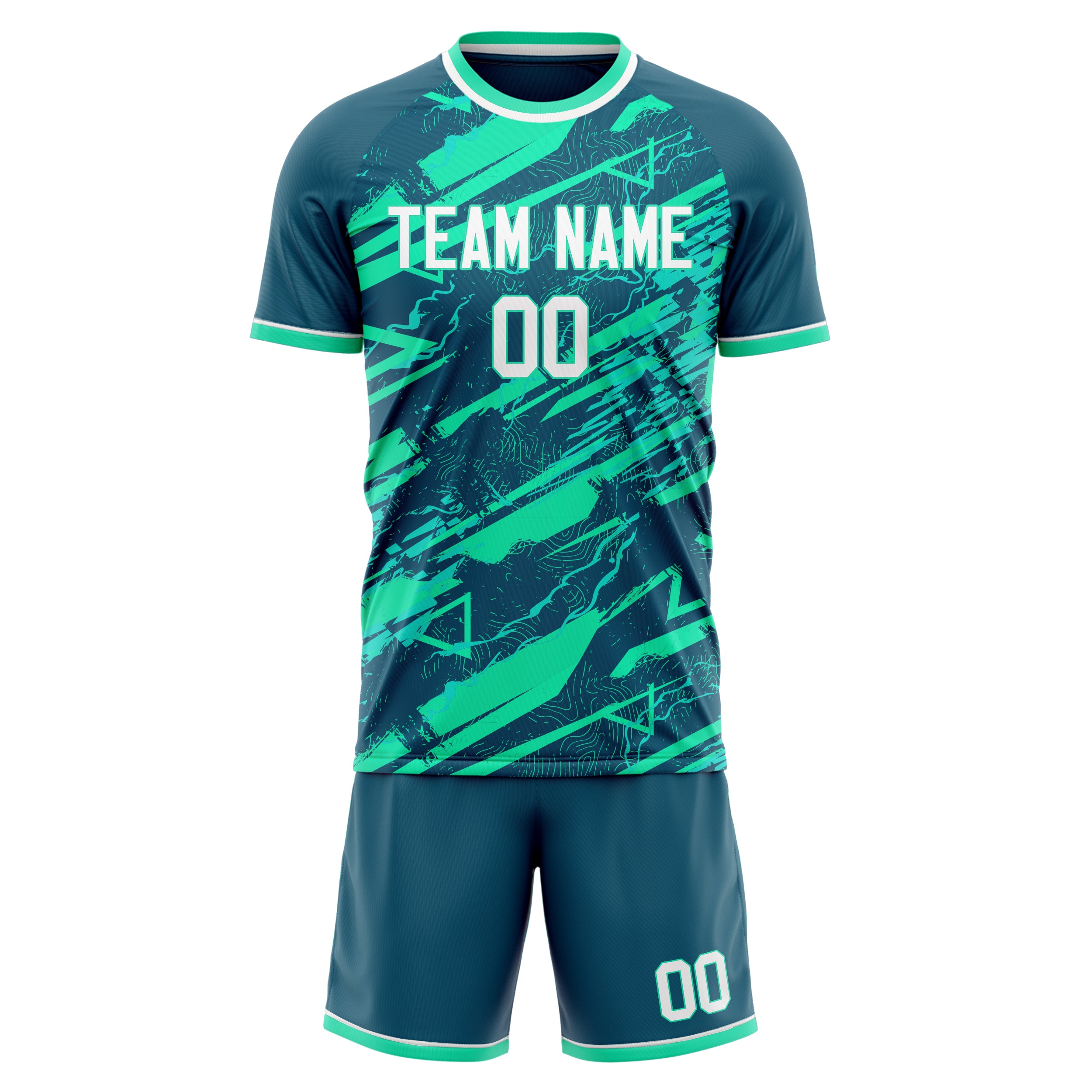 Custom Teal White GeometricalPattern Soccer Jersey