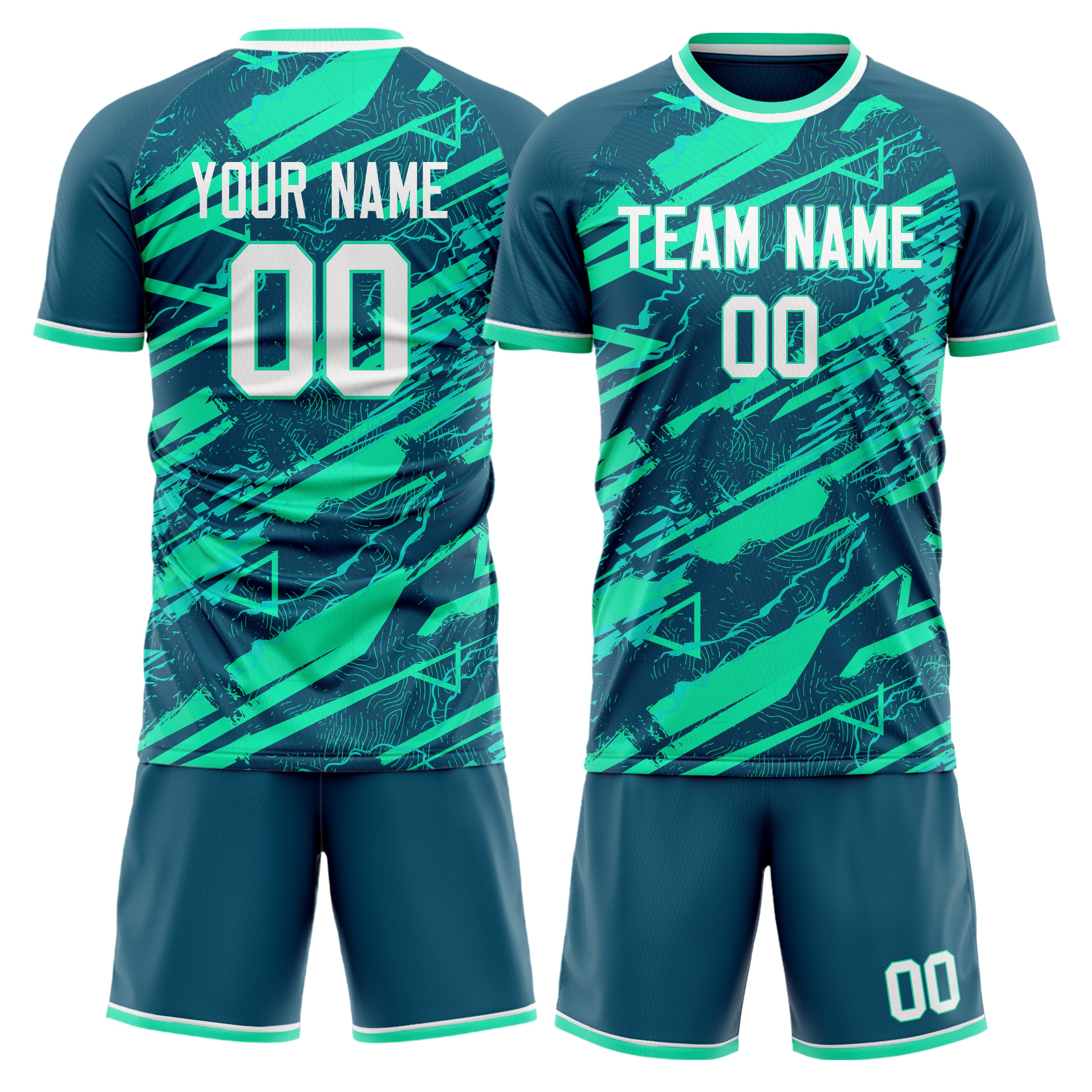 Custom Teal White GeometricalPattern Soccer Jersey