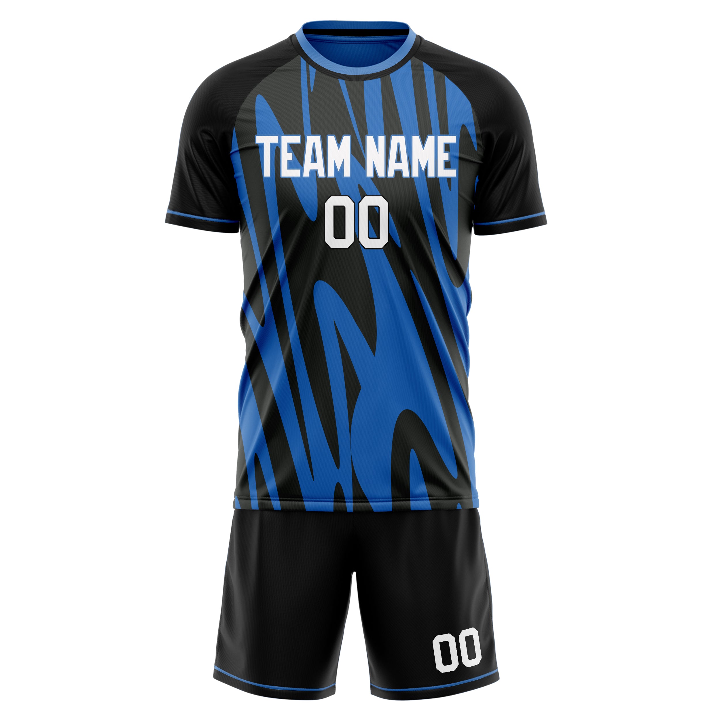 Custom Black Blue GeometricalPattern Soccer Jersey