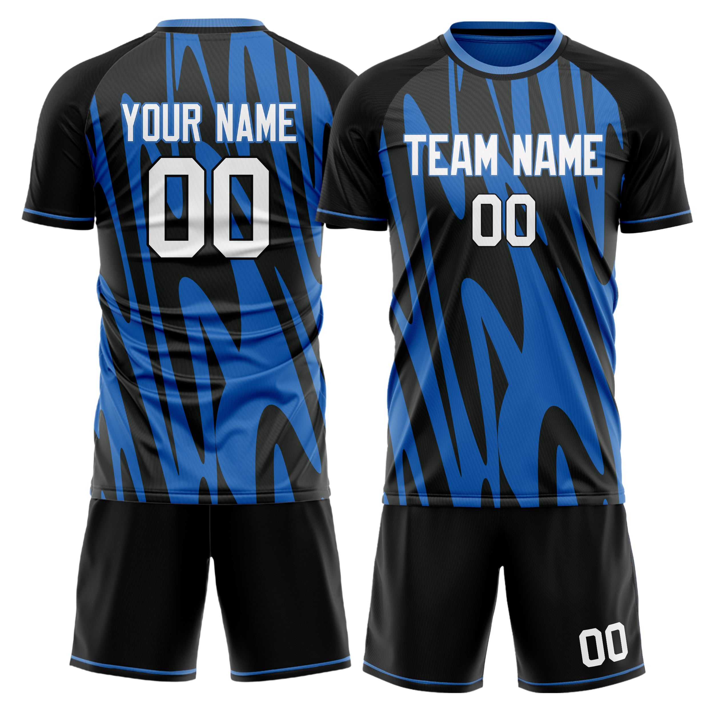 Custom Black Blue GeometricalPattern Soccer Jersey