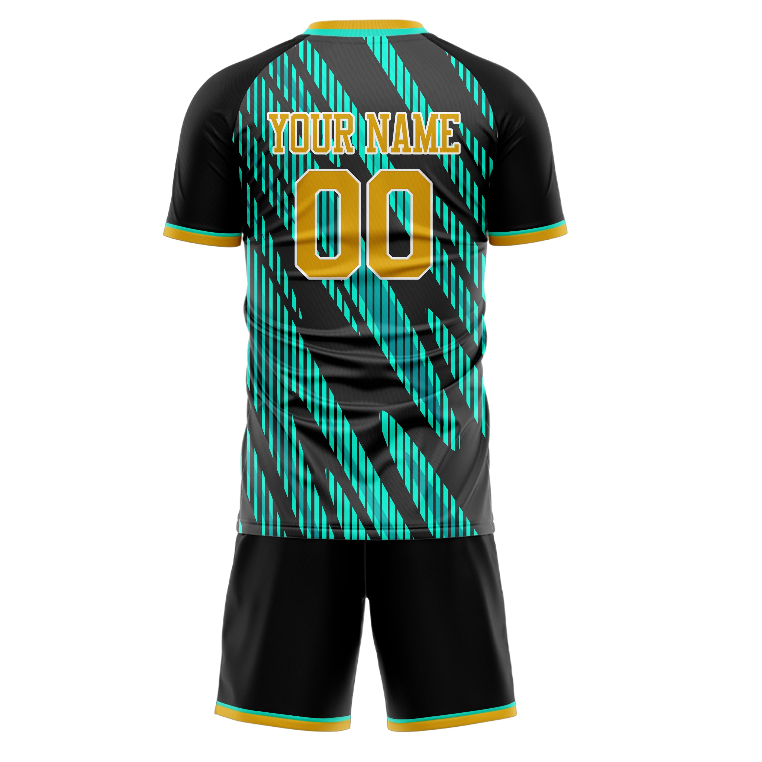 Custom Black Teal GeometricalPattern Soccer Jersey