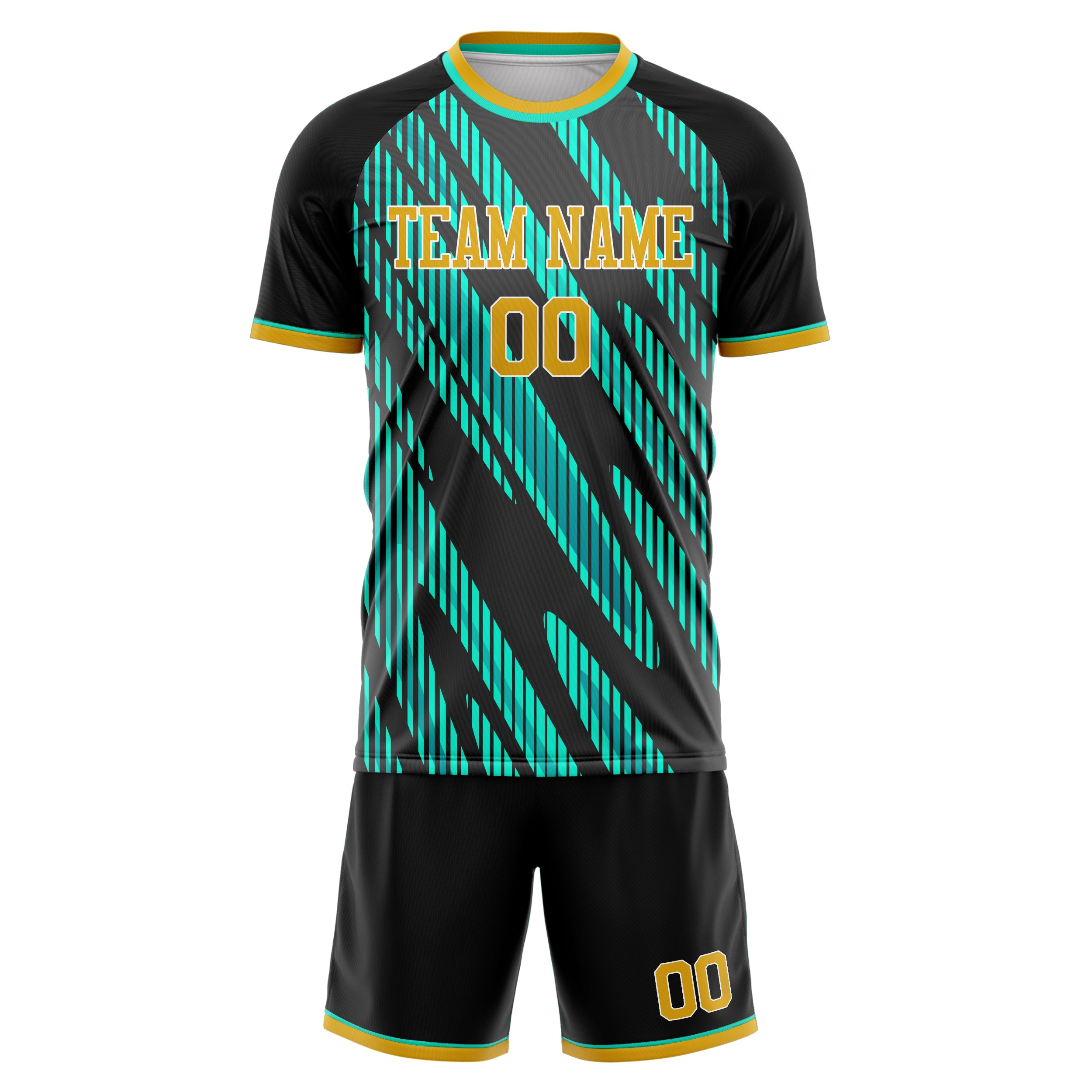Custom Black Teal GeometricalPattern Soccer Jersey