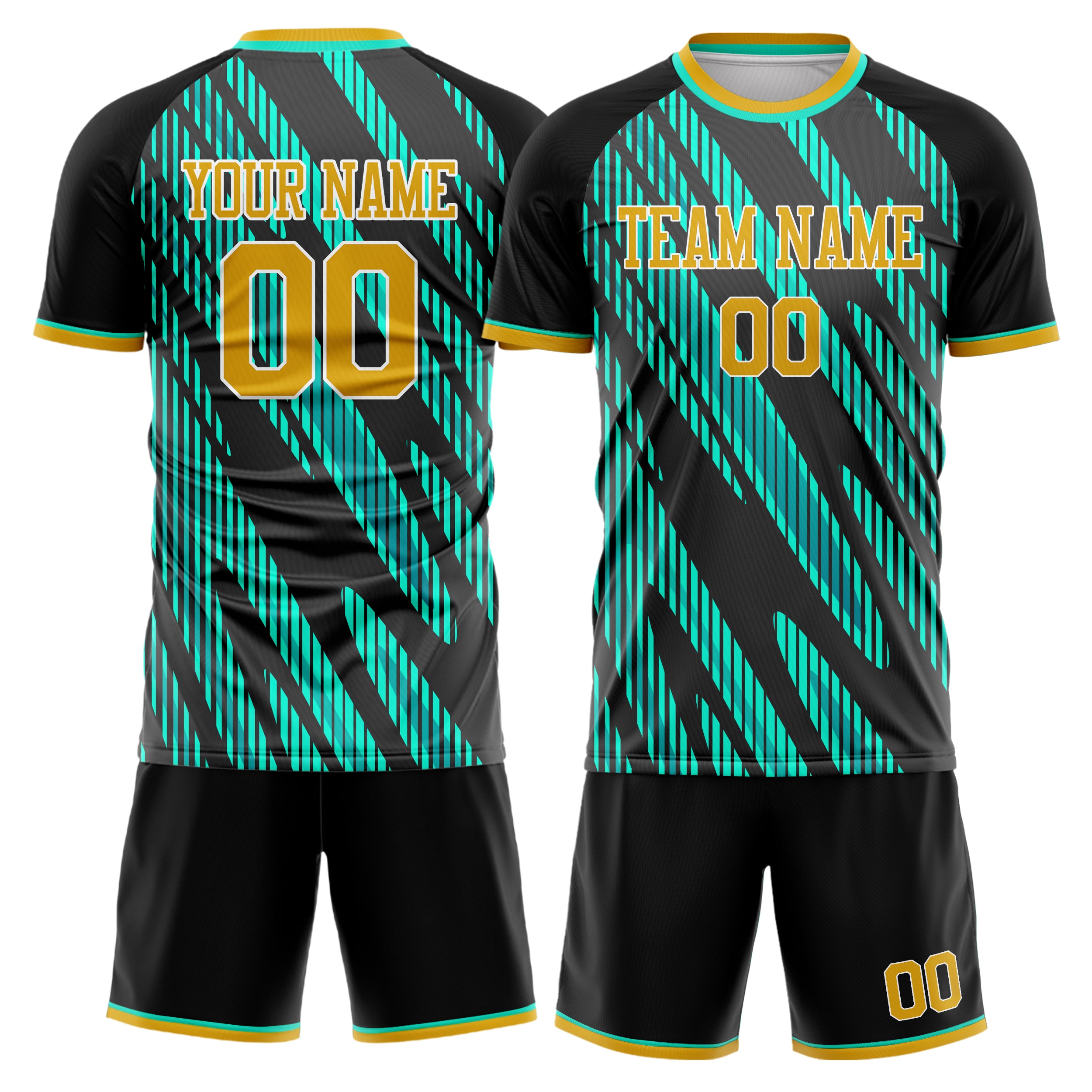 Custom Black Teal GeometricalPattern Soccer Jersey