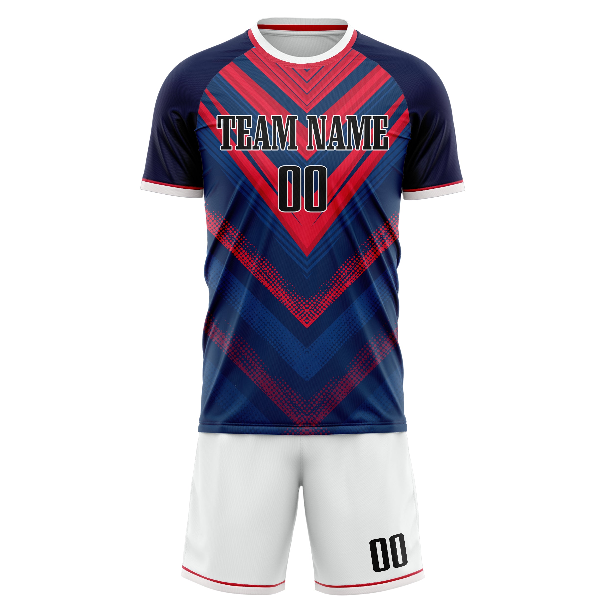 Custom Navy Red GeometricalPattern Soccer Jersey
