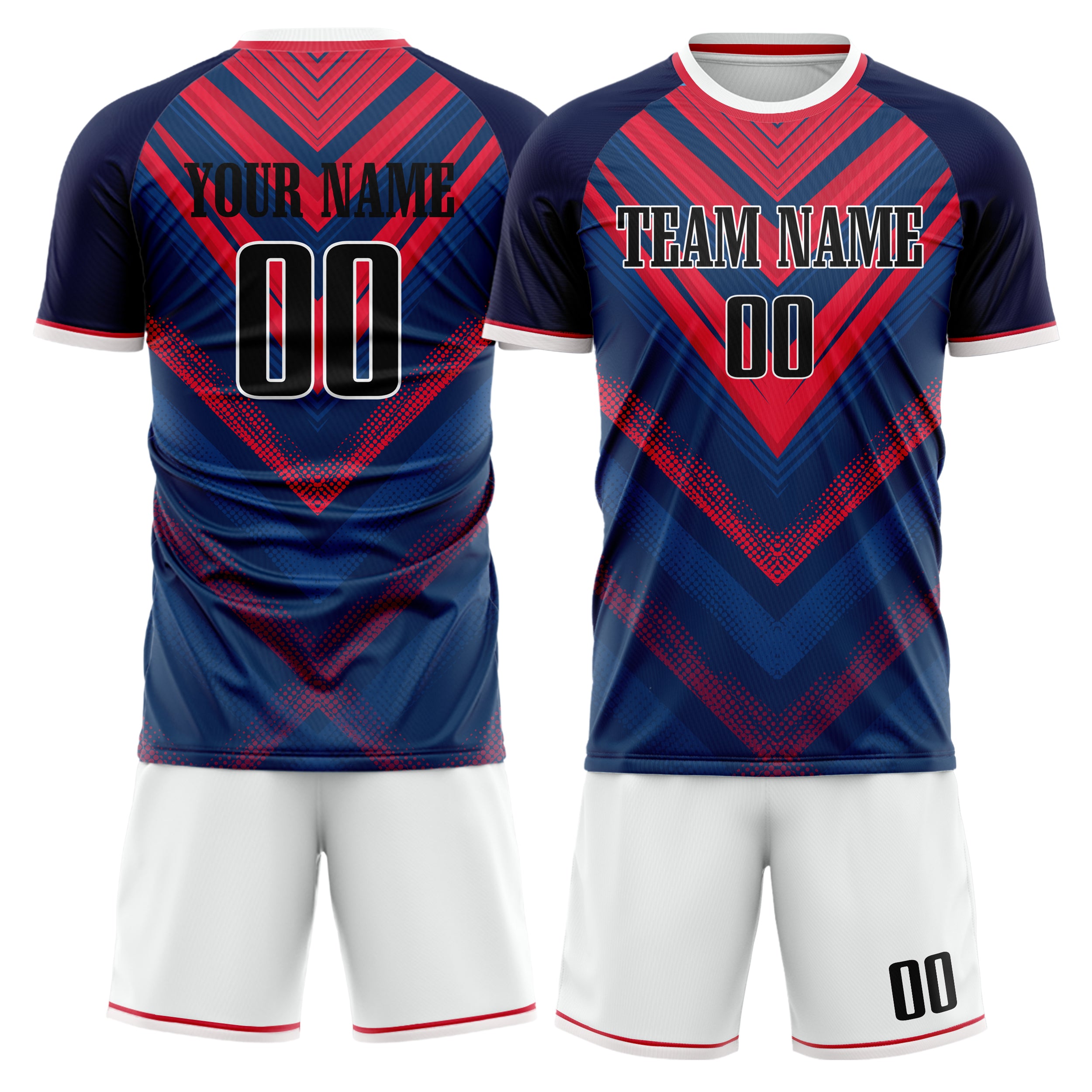 Custom Navy Red GeometricalPattern Soccer Jersey