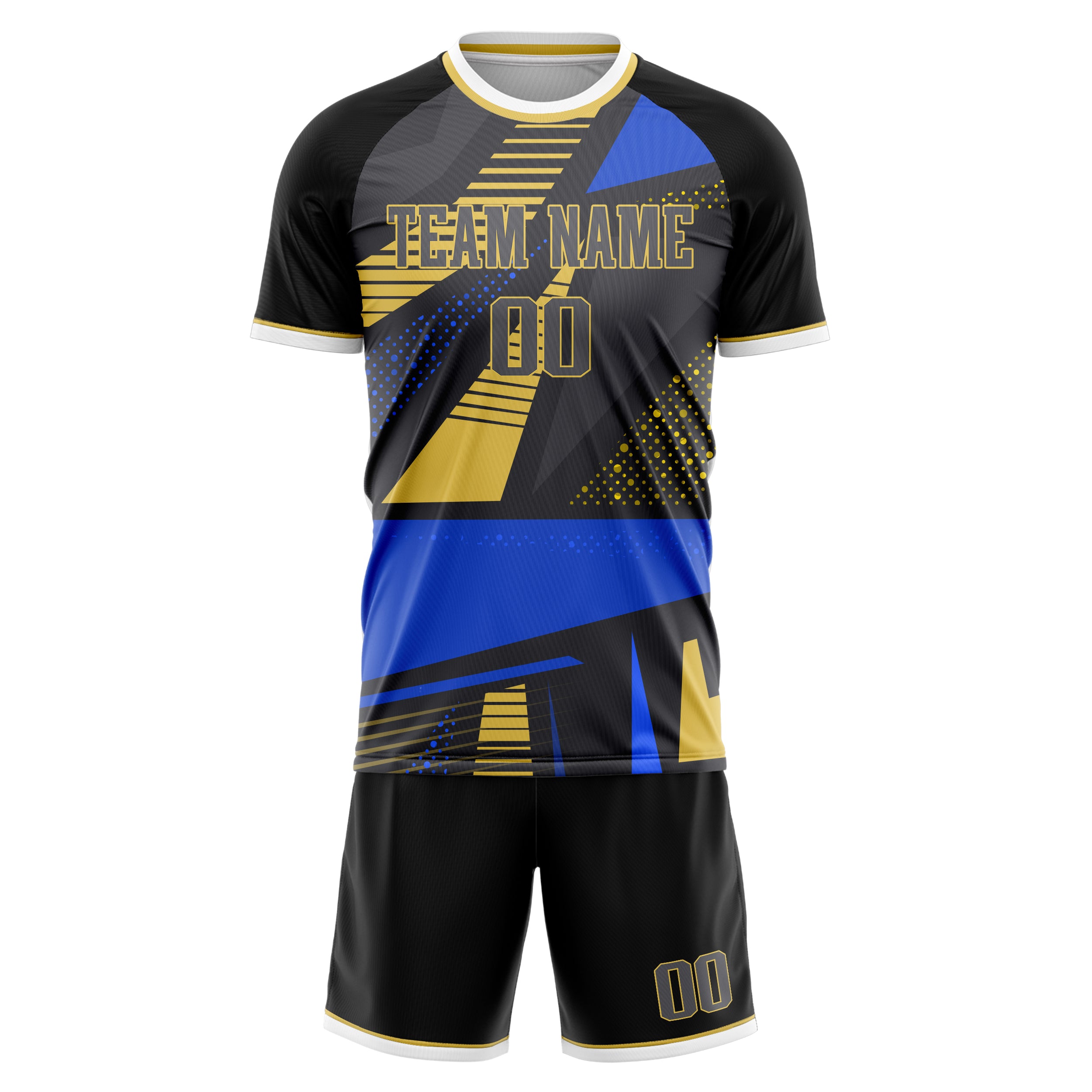 Custom Black Blue GeometricalPattern Soccer Jersey