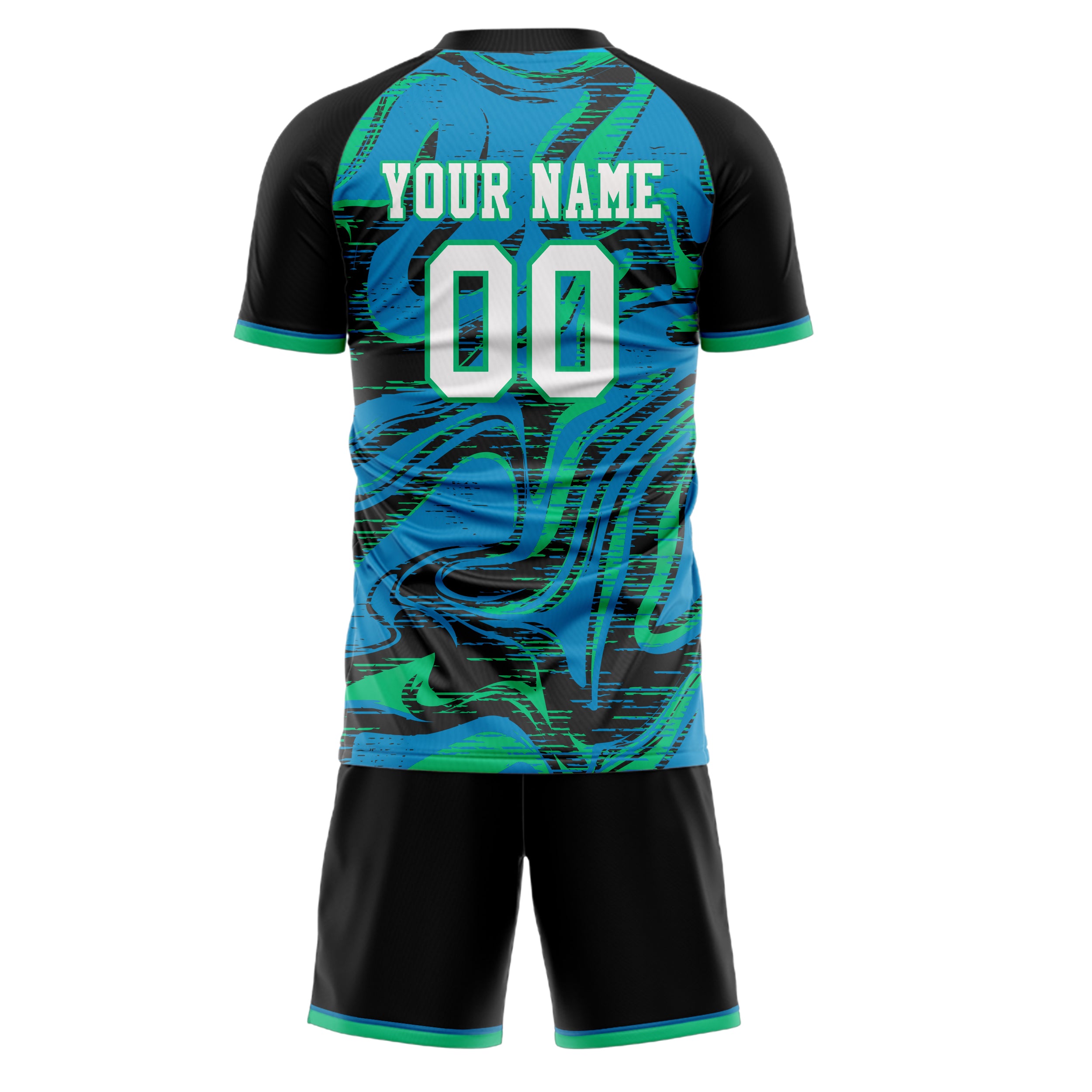 Custom Black Teal GeometricalPattern Soccer Jersey