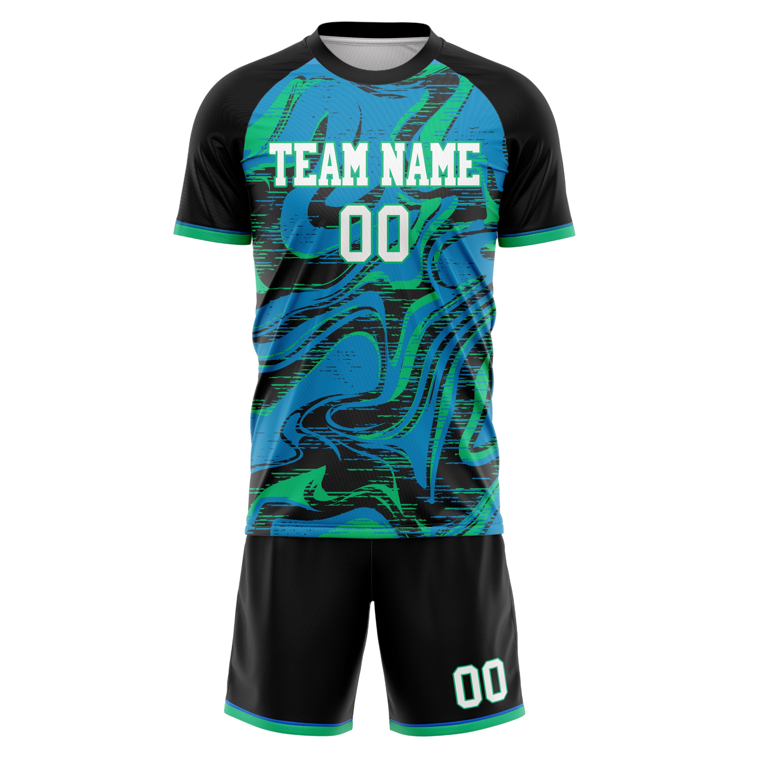 Custom Black Teal GeometricalPattern Soccer Jersey