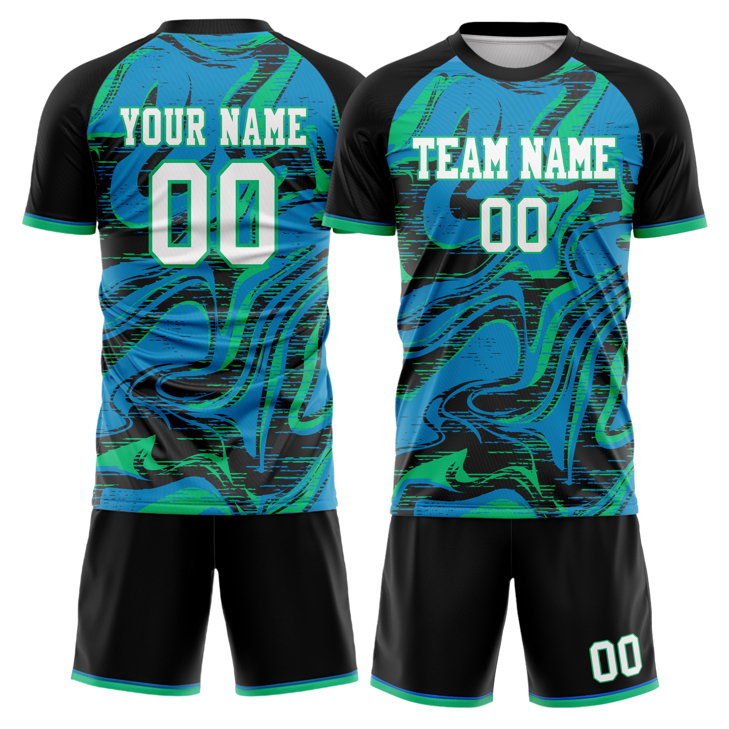 Custom Black Teal GeometricalPattern Soccer Jersey