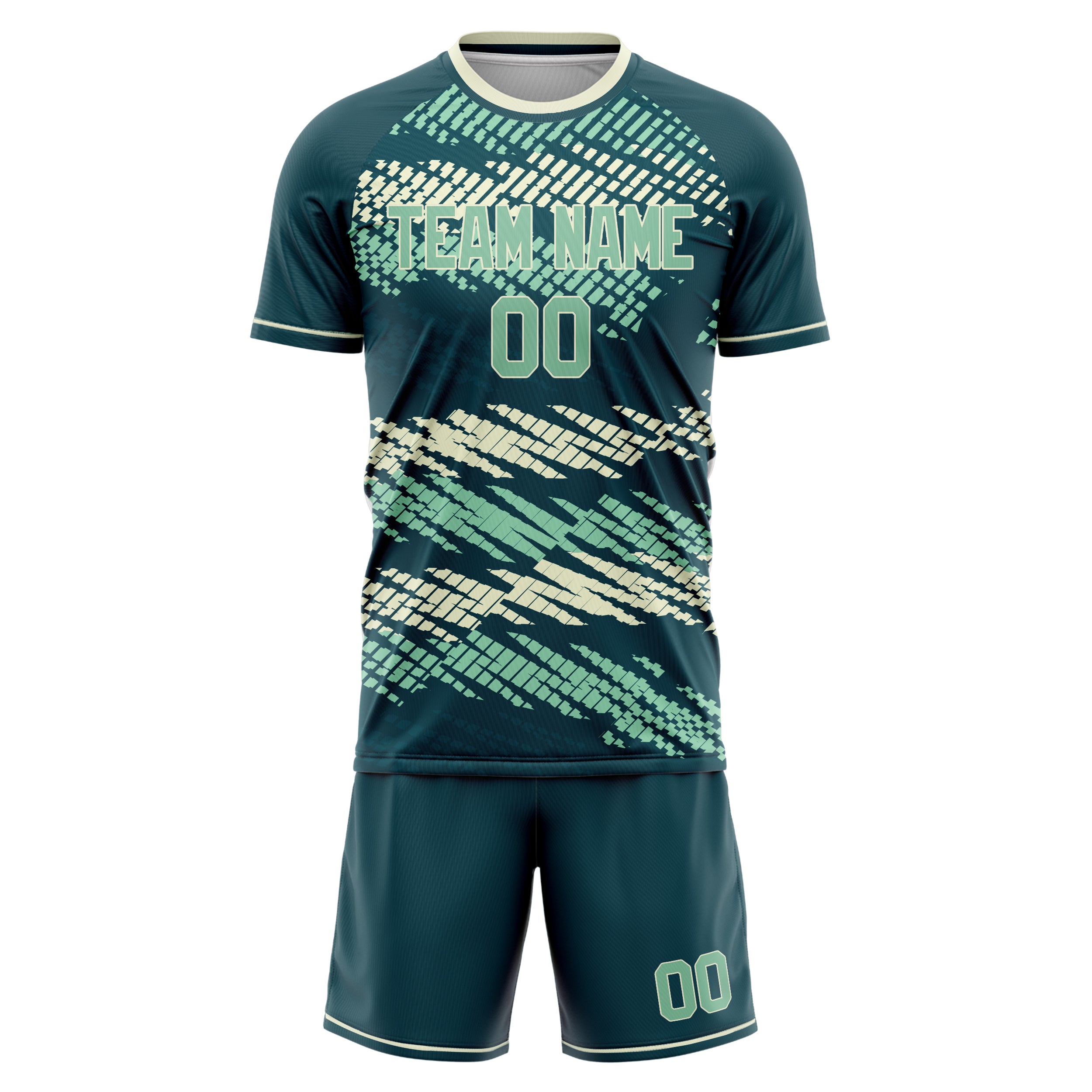 Custom Blue Green Cream GeometricalPattern Soccer Jersey
