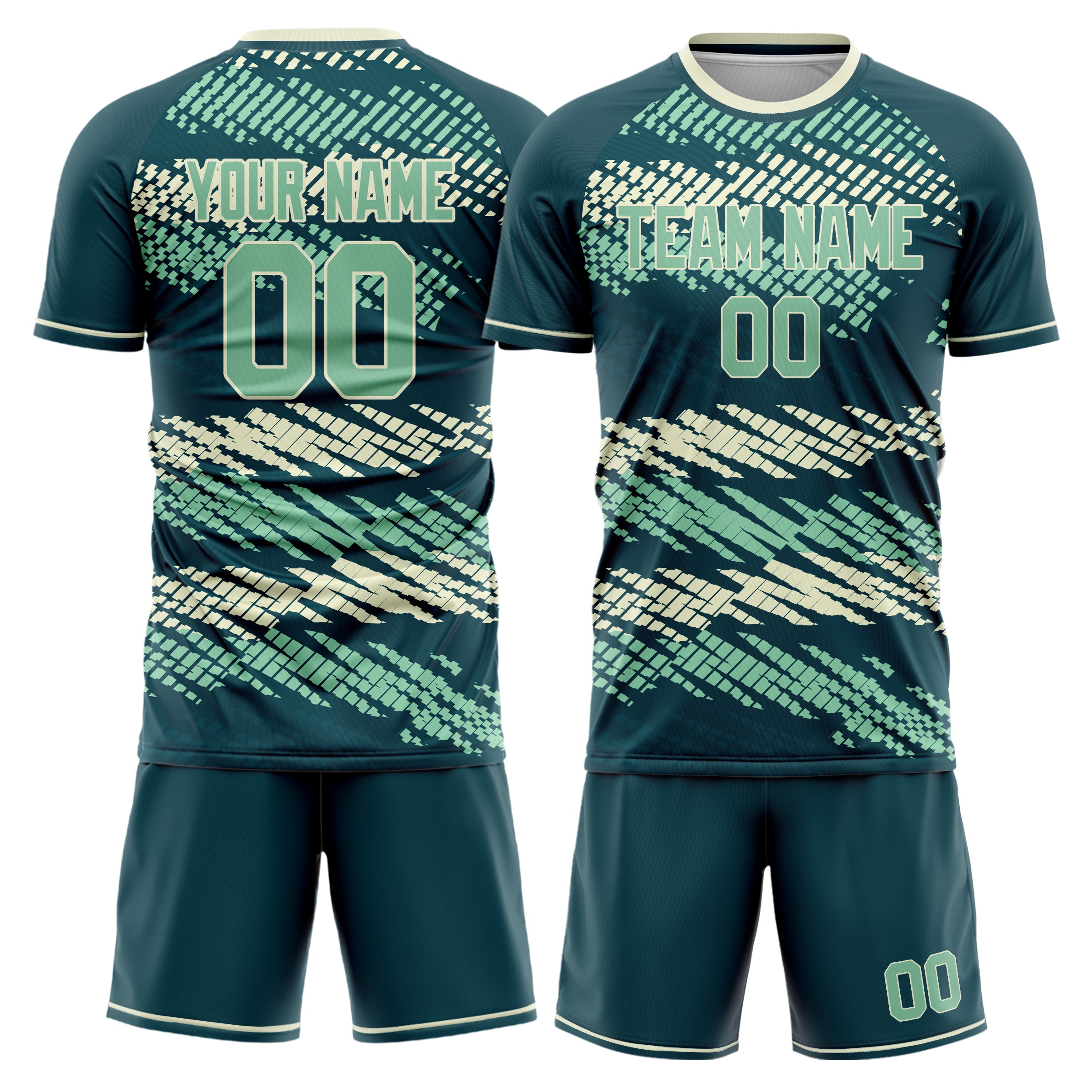 Custom Blue Green Cream GeometricalPattern Soccer Jersey