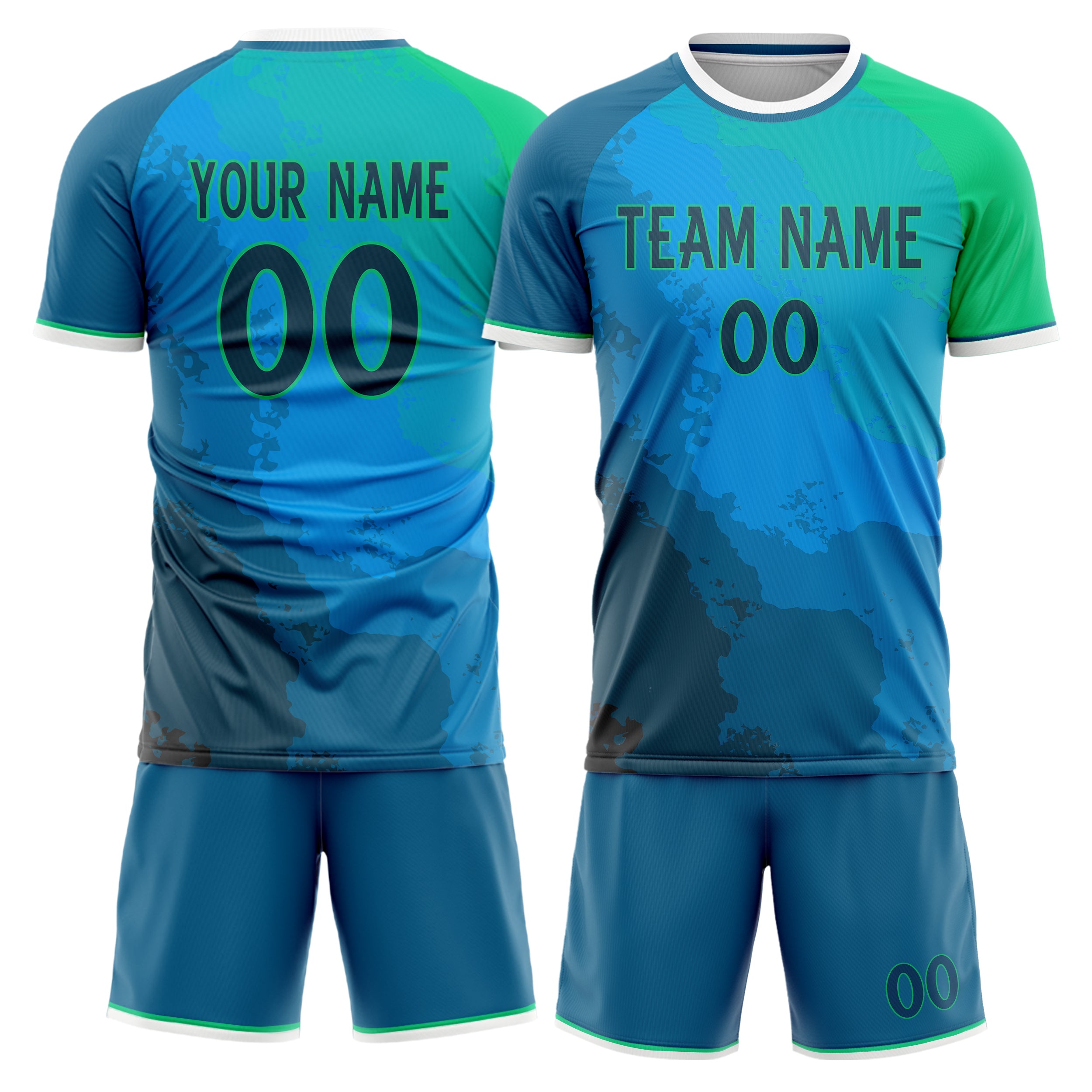 Custom Blue Green GeometricalPattern Soccer Jersey