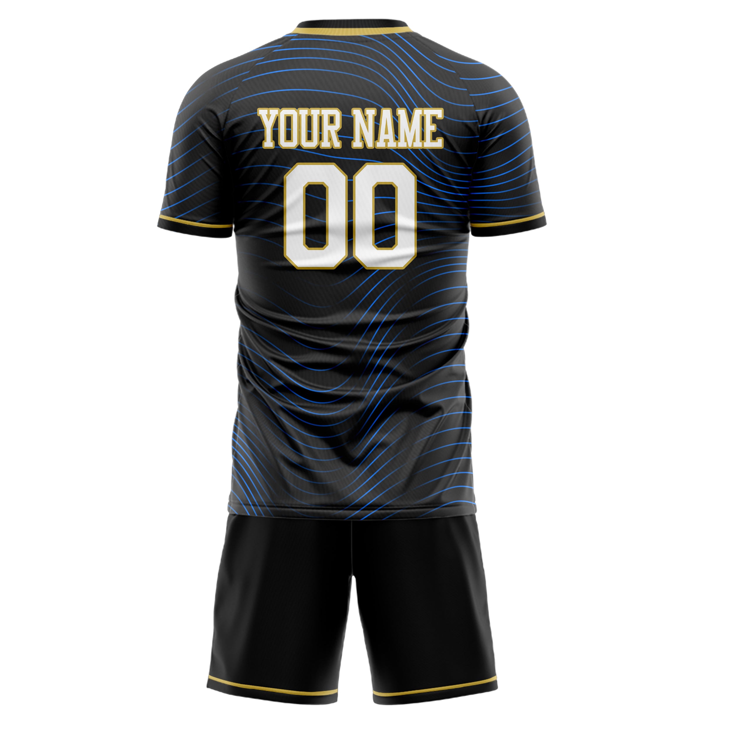Custom Black Blue GeometricalPattern Soccer Jersey