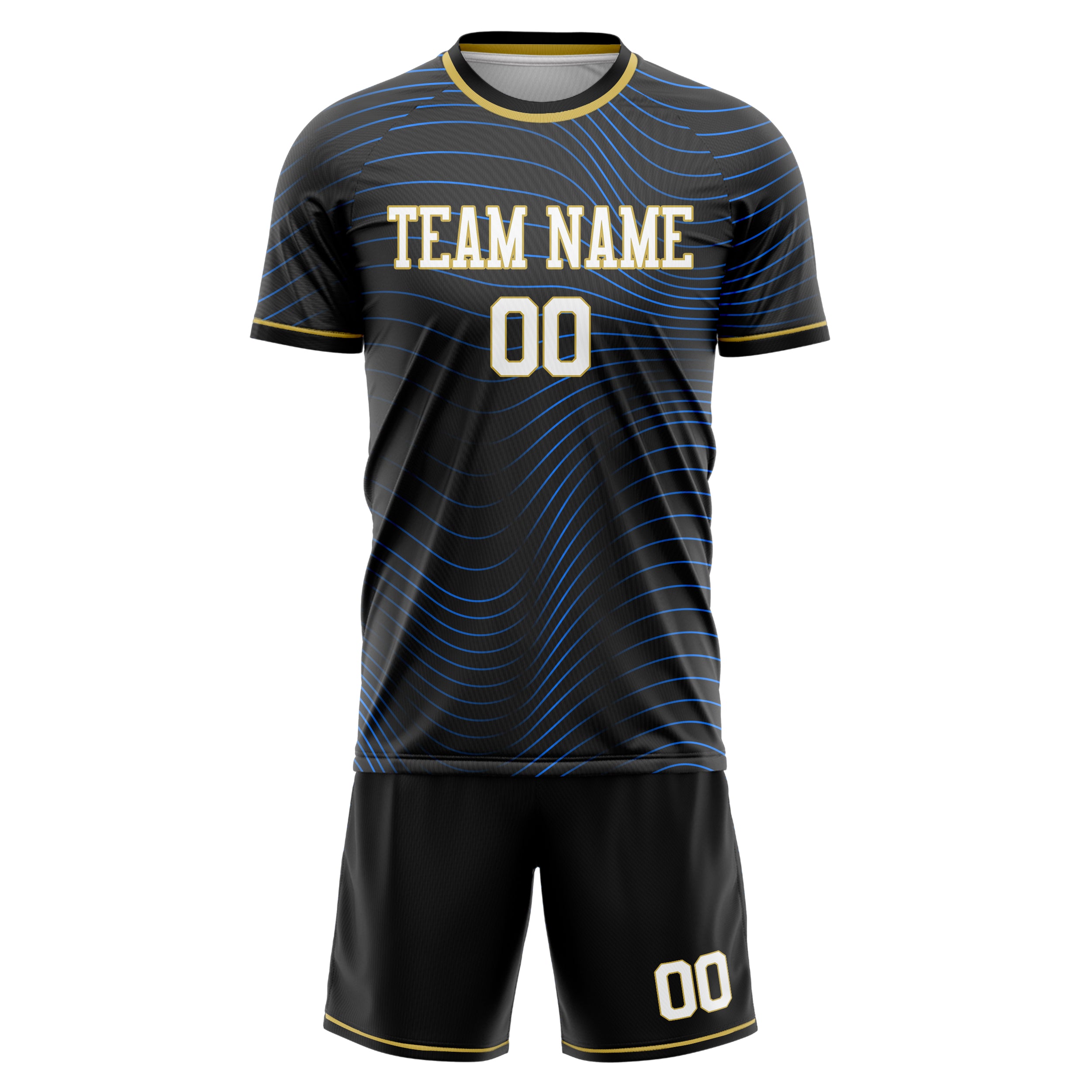 Custom Black Blue GeometricalPattern Soccer Jersey