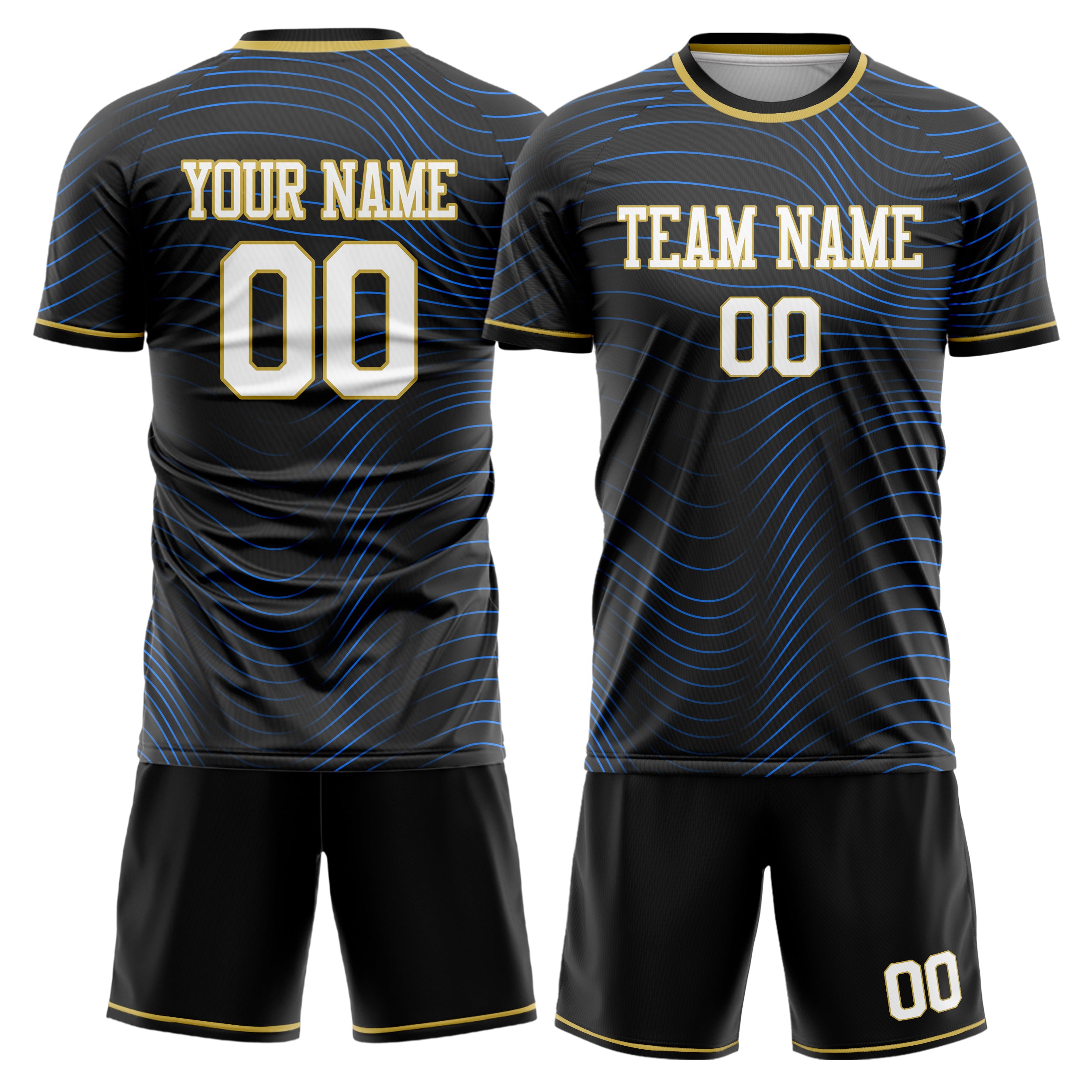 Custom Black Blue GeometricalPattern Soccer Jersey