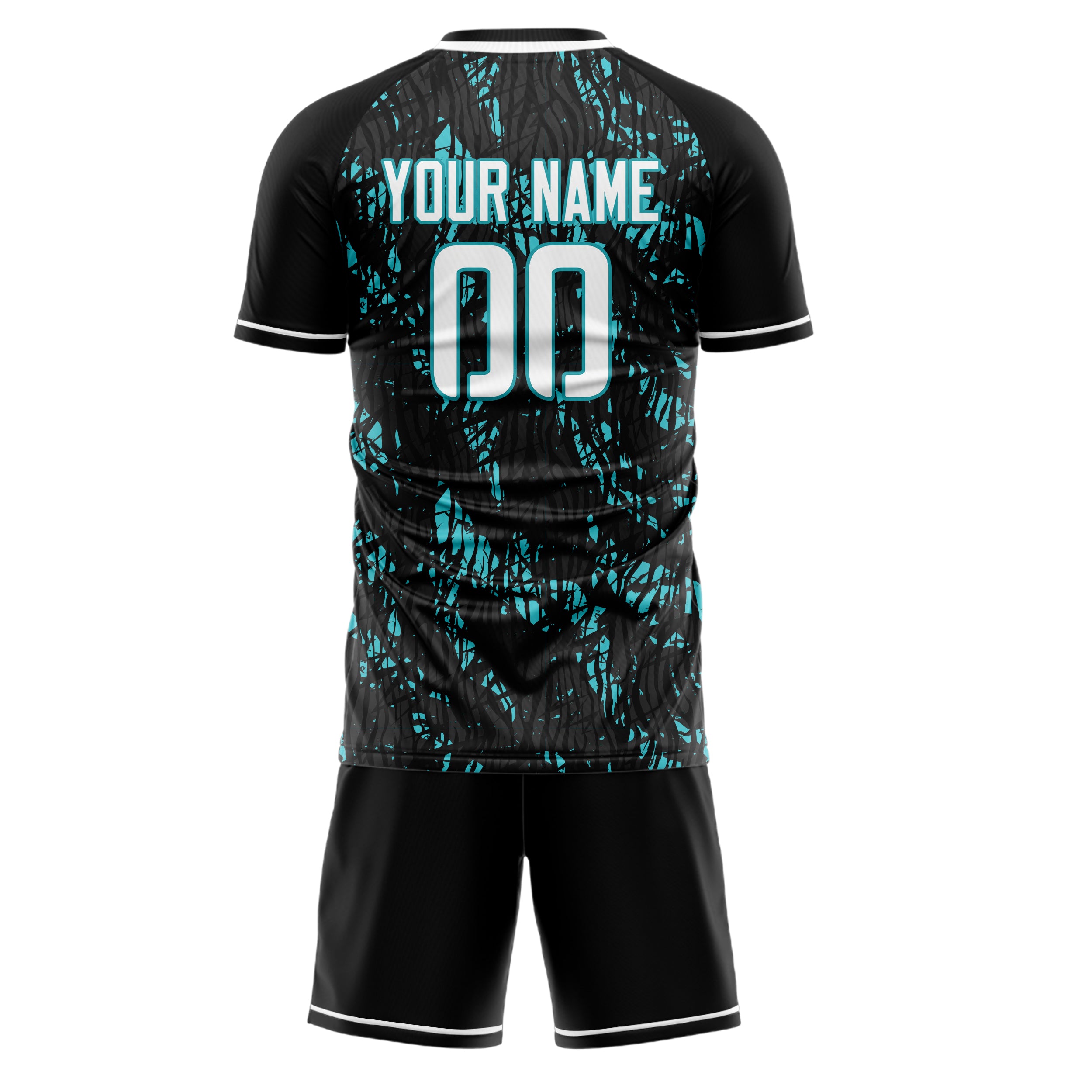 Custom Black Teal GeometricalPattern Soccer Jersey