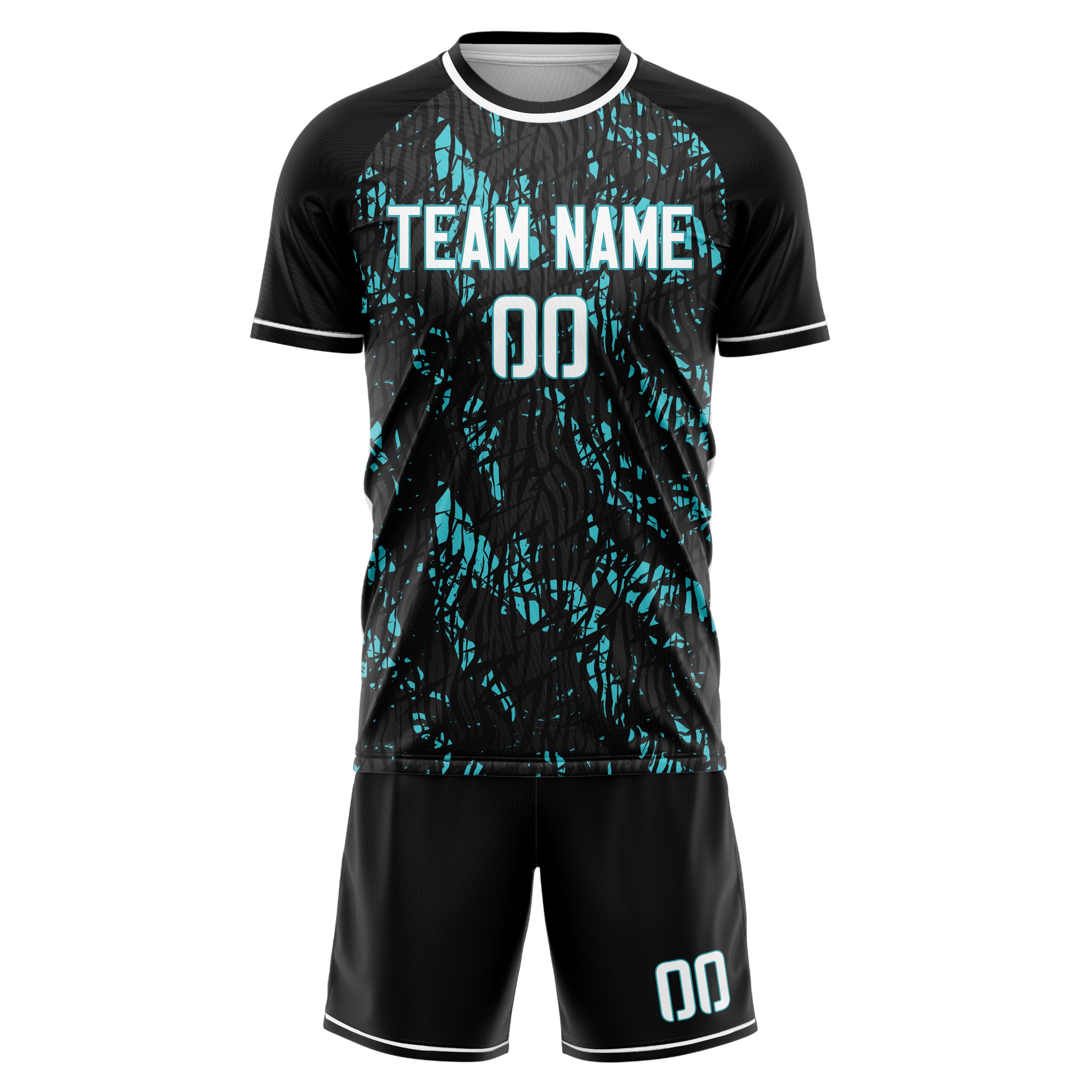 Custom Black Teal GeometricalPattern Soccer Jersey