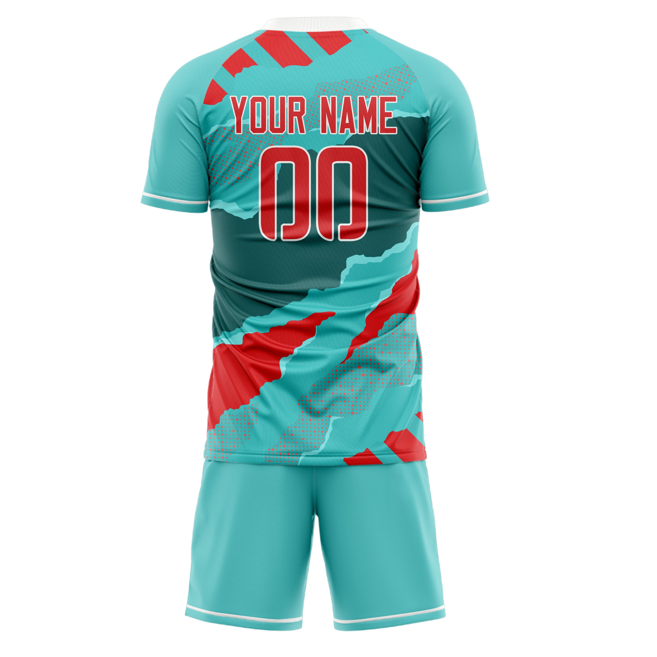 Custom Teal Red GeometricalPattern Soccer Jersey