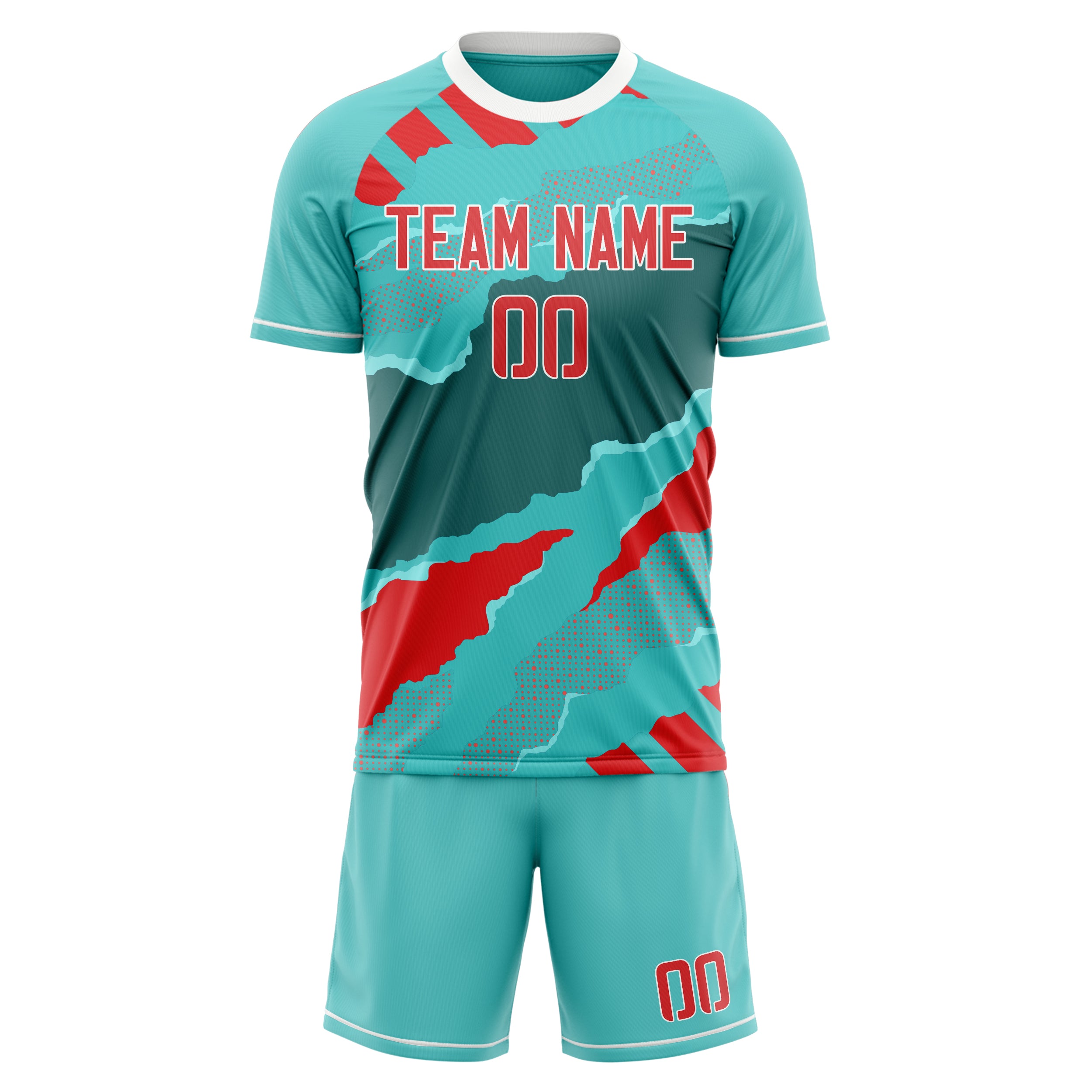 Custom Teal Red GeometricalPattern Soccer Jersey