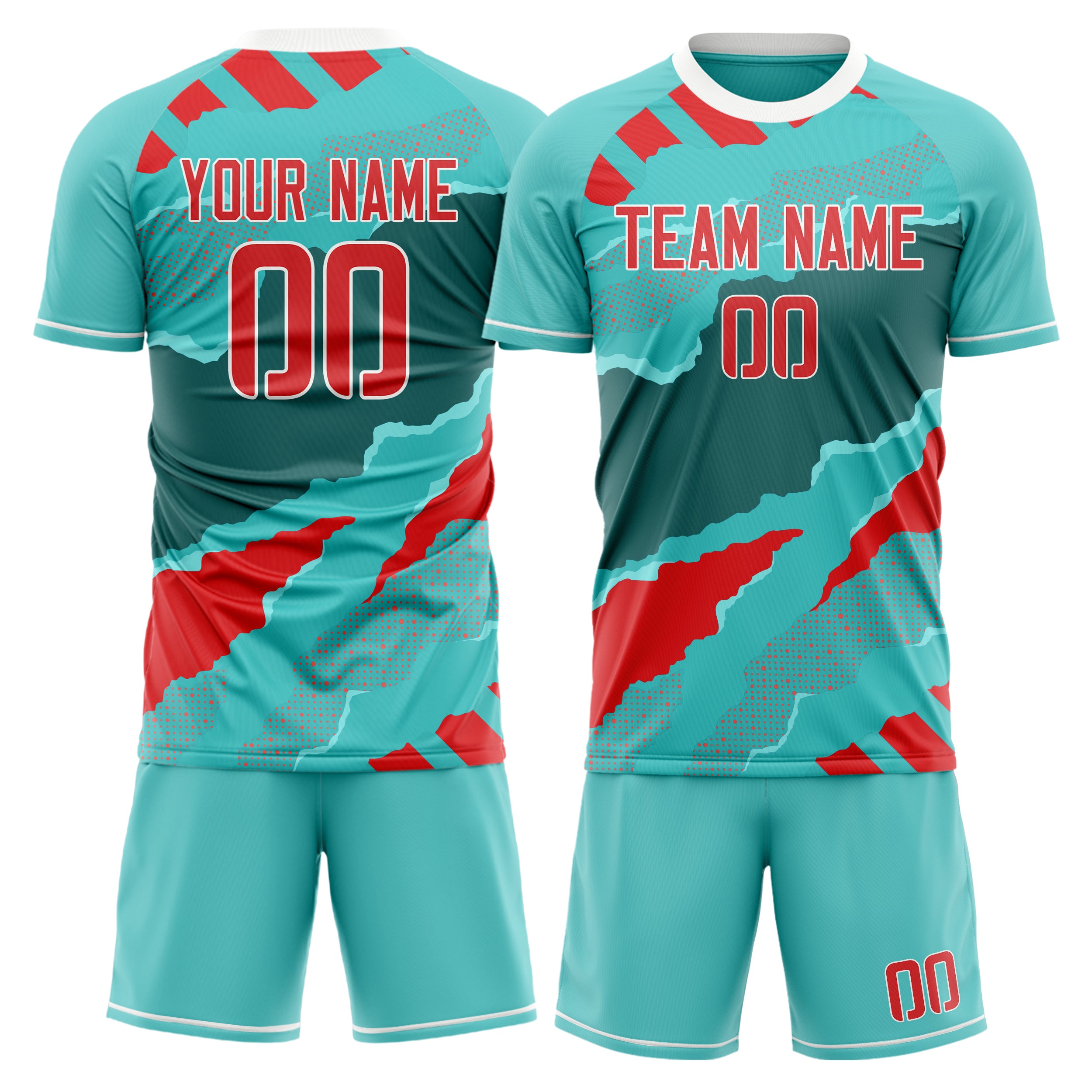 Custom Teal Red GeometricalPattern Soccer Jersey