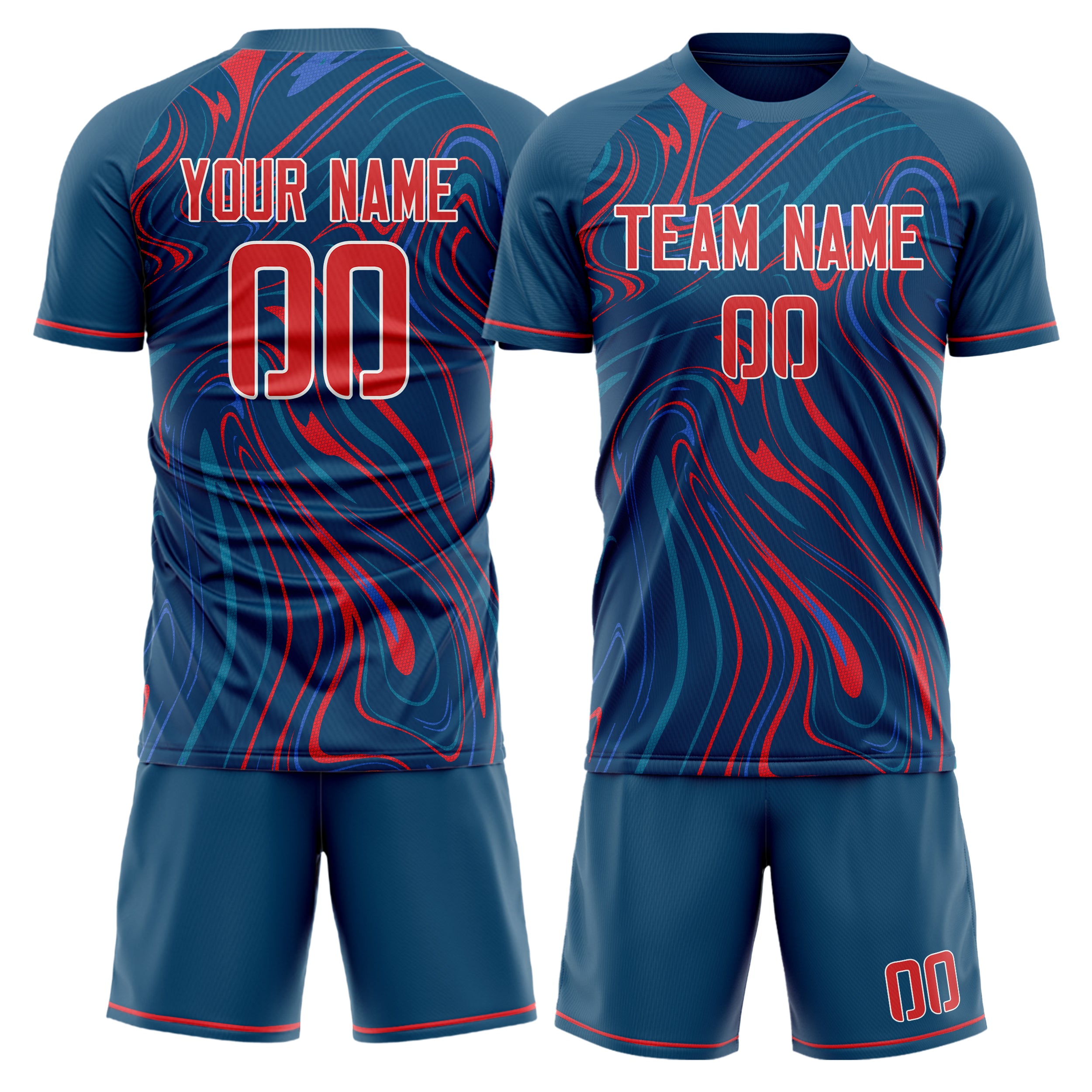 Custom Navy Red GeometricalPattern Soccer Jersey