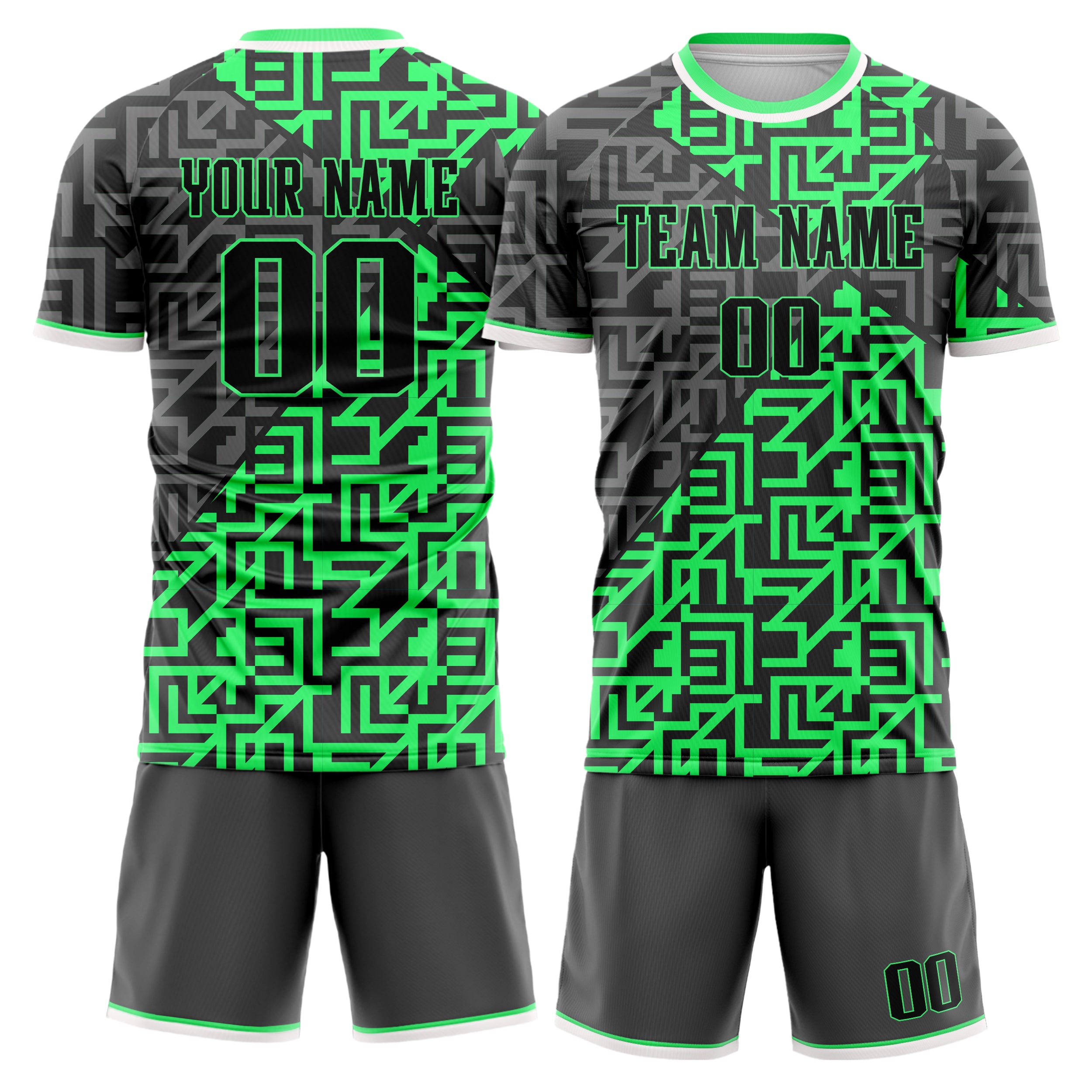 Custom Neon Green Gray GeometricalPattern Soccer Jersey