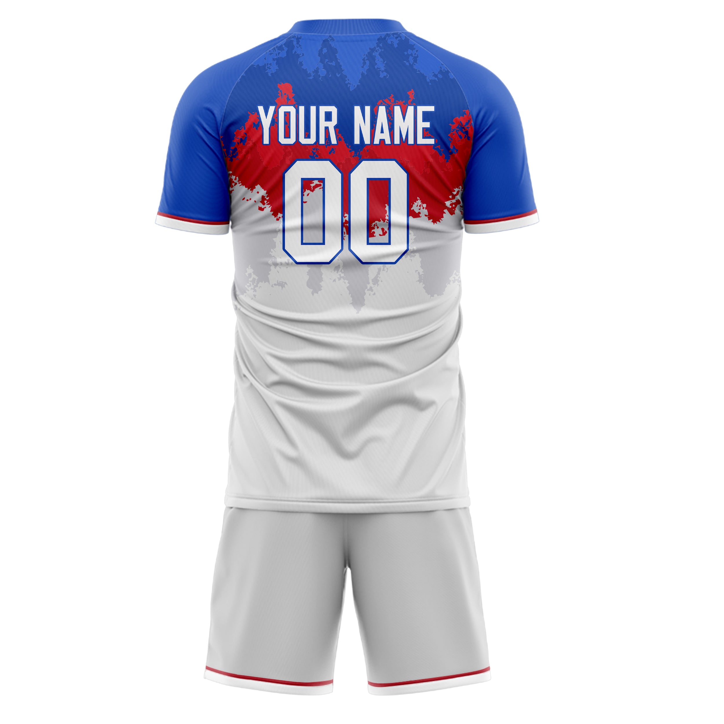 Custom White Blue GeometricalPattern Soccer Jersey