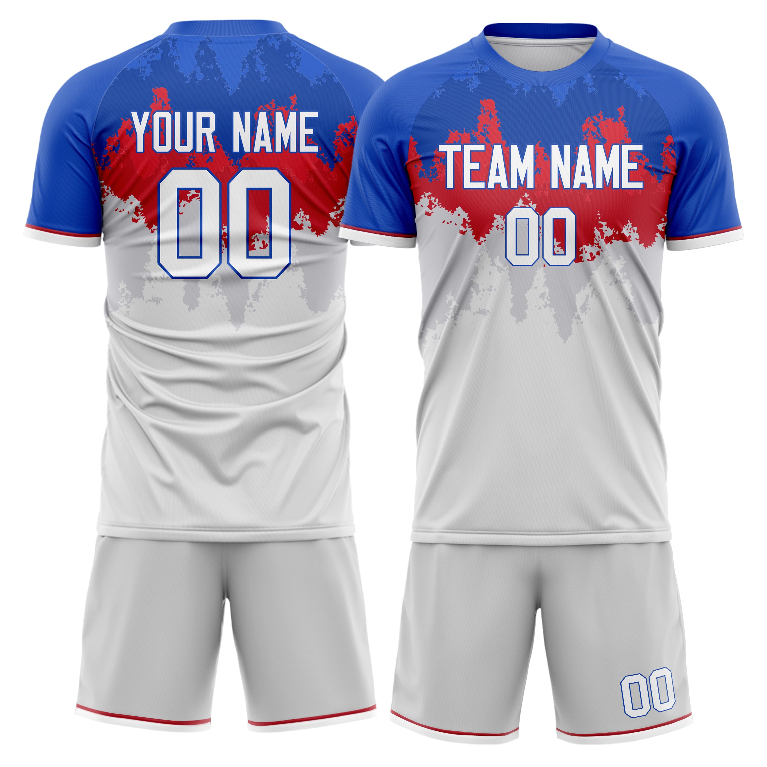 Custom White Blue GeometricalPattern Soccer Jersey