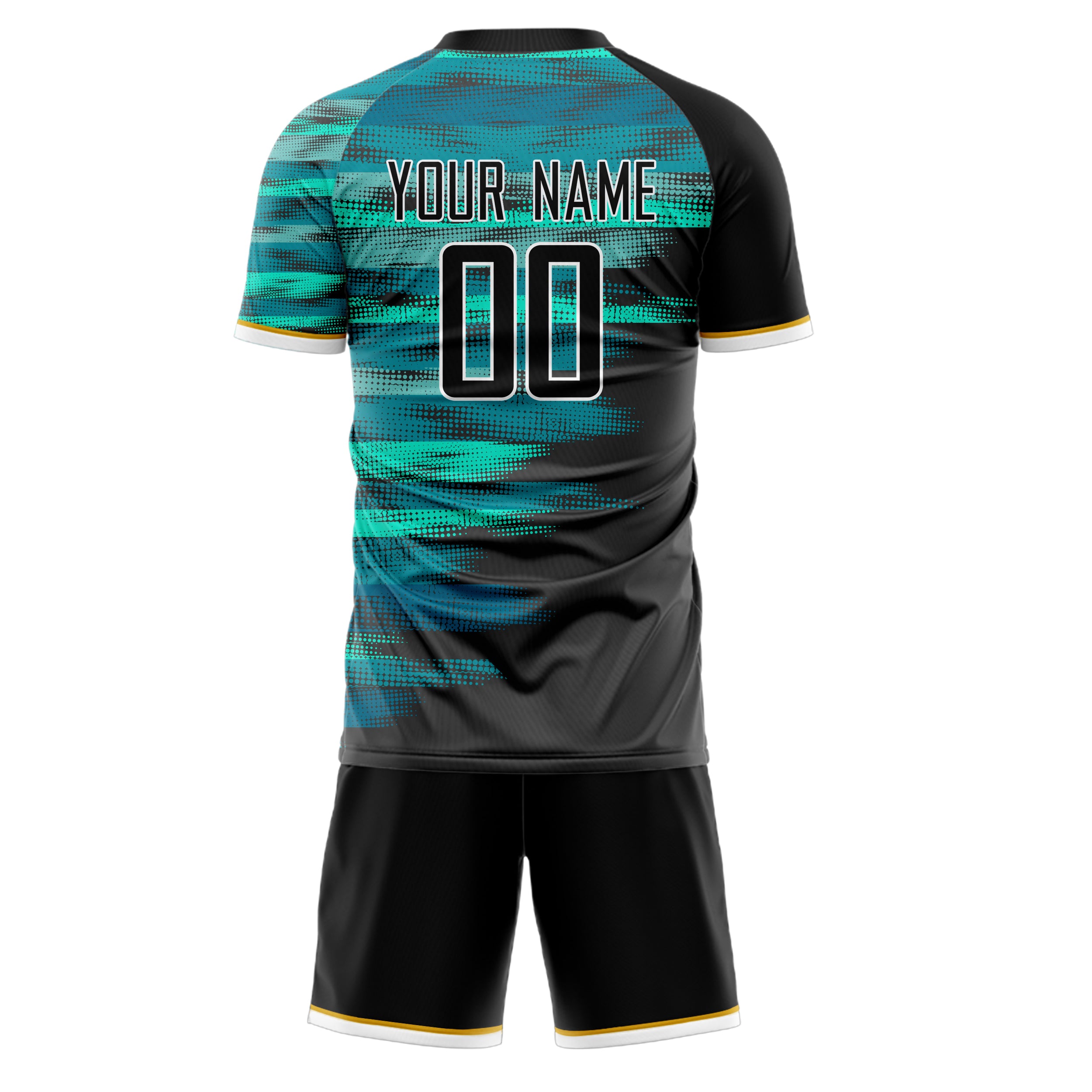 Custom Black Teal GeometricalPattern Soccer Jersey