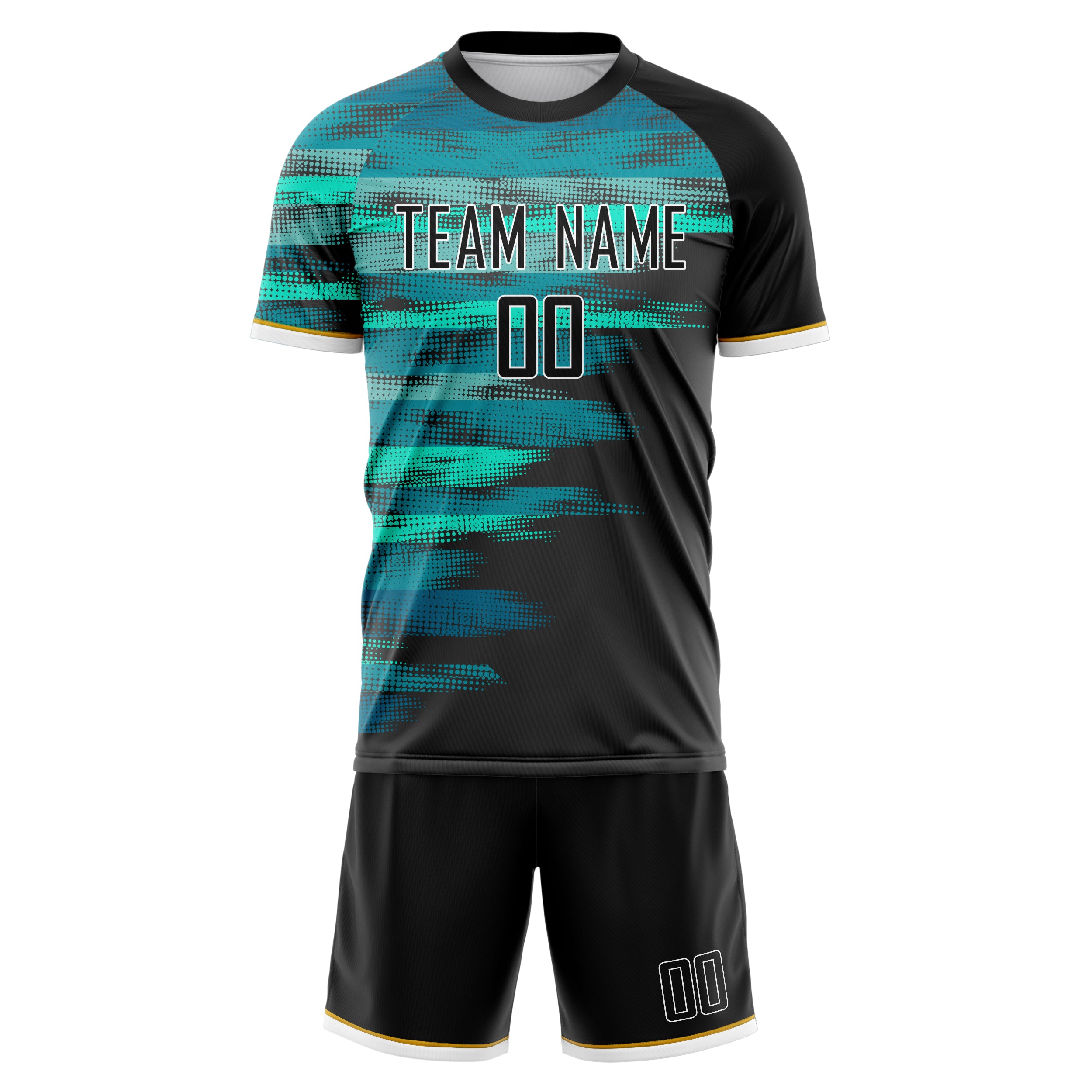 Custom Black Teal GeometricalPattern Soccer Jersey