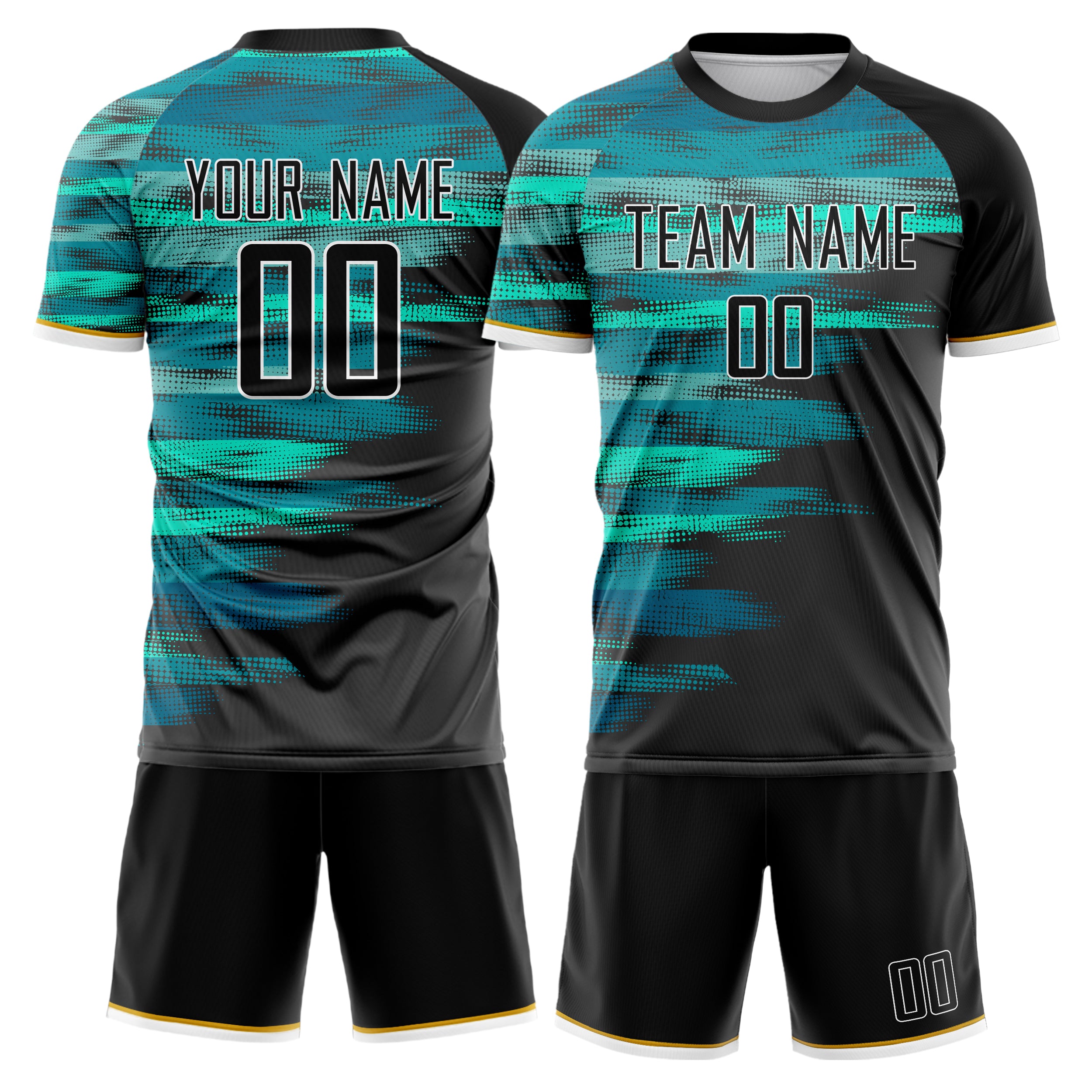 Custom Black Teal GeometricalPattern Soccer Jersey