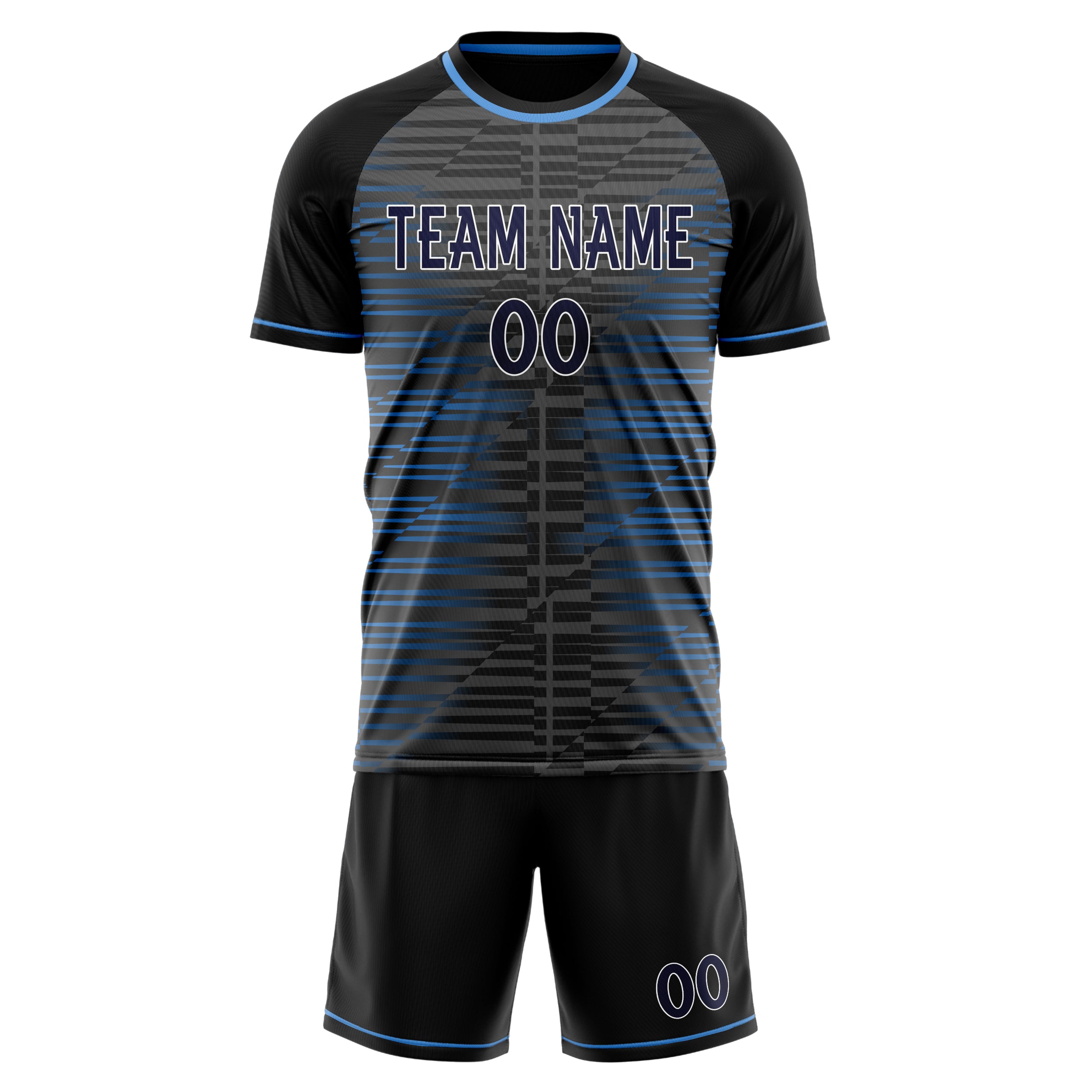 Custom Black Navy GeometricalPattern Soccer Jersey
